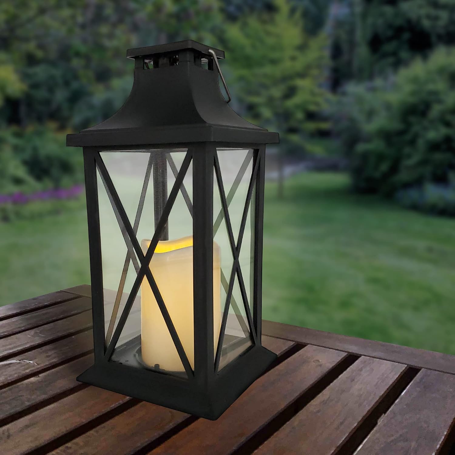 LumaBase Solar Powered Lantern with LED Candle - Crisscross