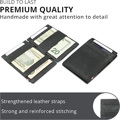 Miniatura 4 de Garzini Cartera mágica para hombre, cartera minimalista con tarjetero RFID, cartera de cuero para 10 tarjetas, 07 Negro cepillado, Minimalista