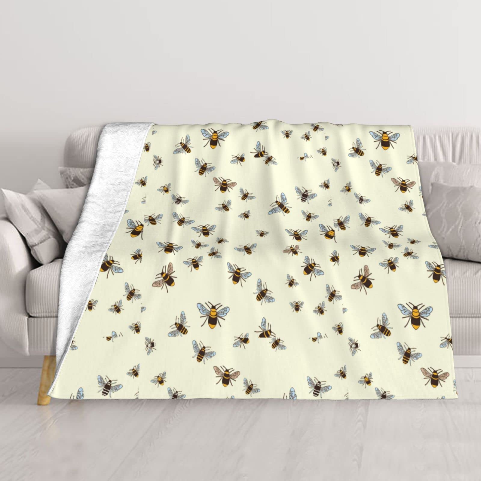 Couverture pelucheuse imprimé abeille toutes saisons pour lit et voyage 203x152