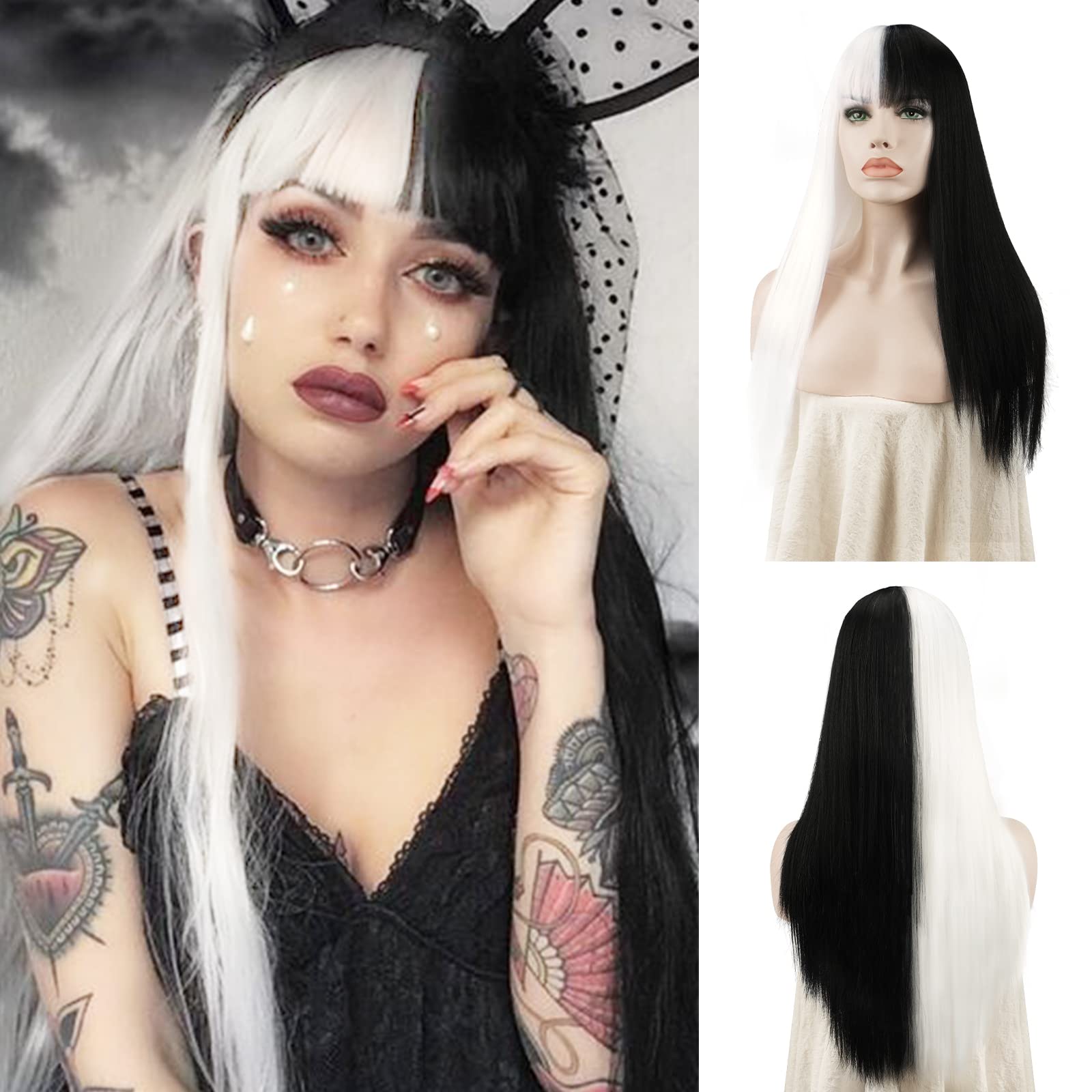 SOFEIYANLong Straight Wig with Bangs Black&White Synthetic Hair Replacement Wigs Heat Resistant Full Wig for Women Girls 26 inches