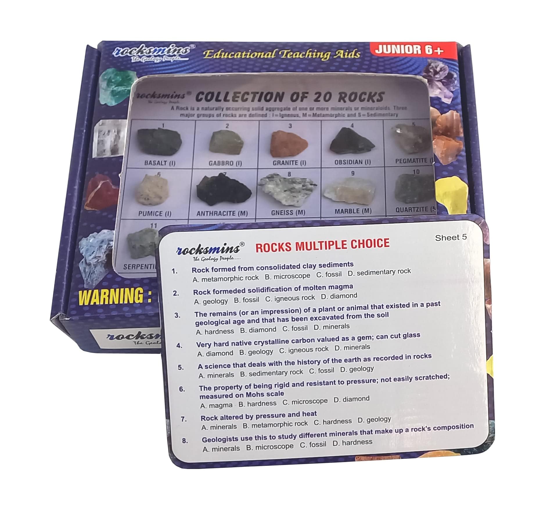 ROCKSMINS RO20WM Rocks Collection Set of 20 School Education Igneous Sedimentary Metamorphic Samples activity geology earth science volcanic stones Rock Memory Great Educational STEM Toys Kids with QA-image-2