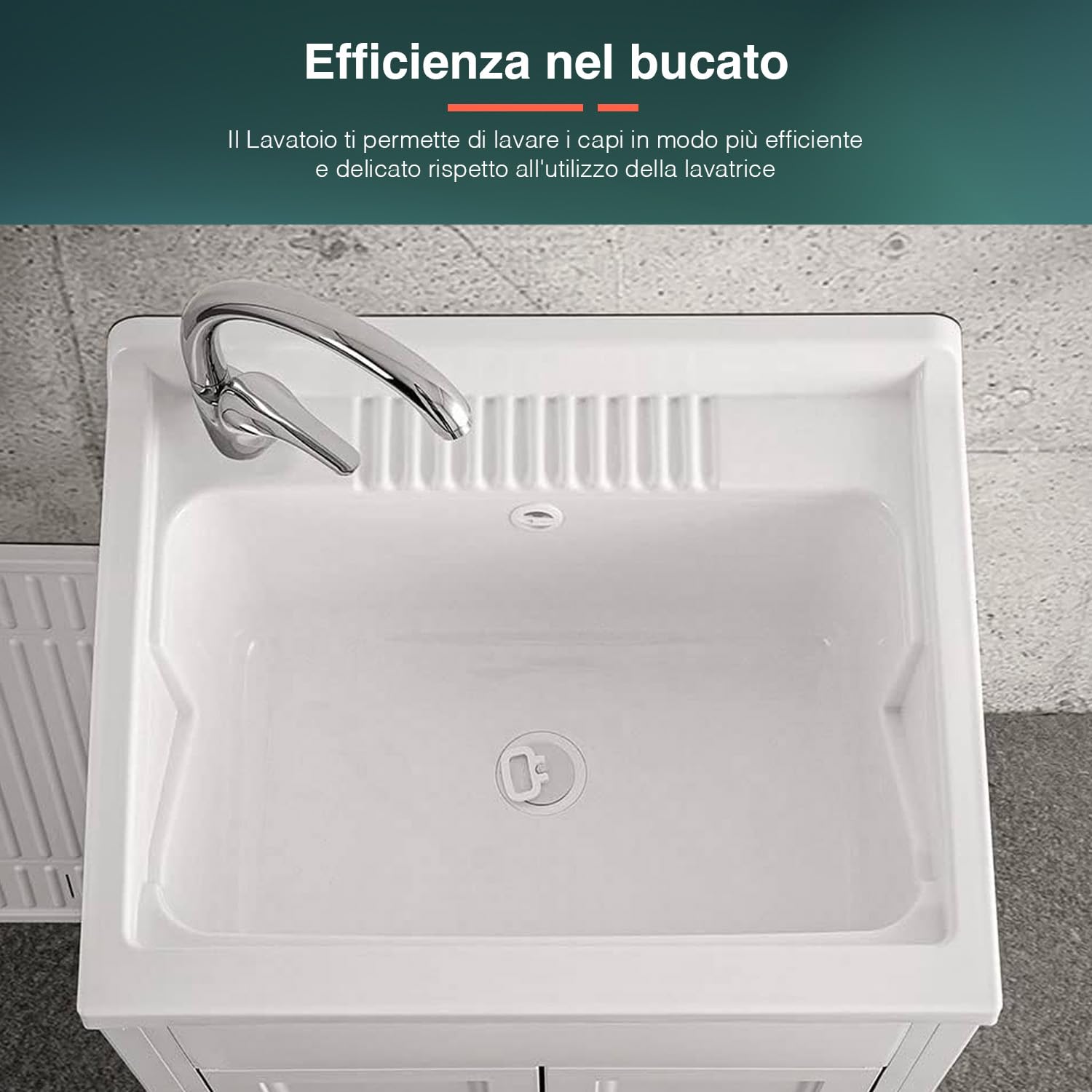 Avilia Lavadero para lavar a mano – Lavabo de doble puerta, con kit de sifones, para uso interior y exterior, de resina, 60 x 50 cm, blanco