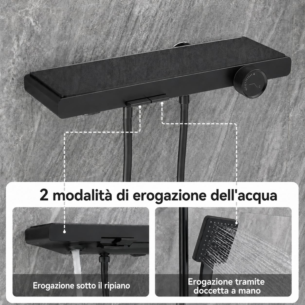 Auralum Grifo Bañera con Ducha y Caño, Diseño Piano con Estante Amplio para Baño, Columna Ducha Ajustable con Alcachofa Ducha 6 Funciones, Barra Ducha Regulable, Flexo PVC 1,5 m Antitorsión, Negro