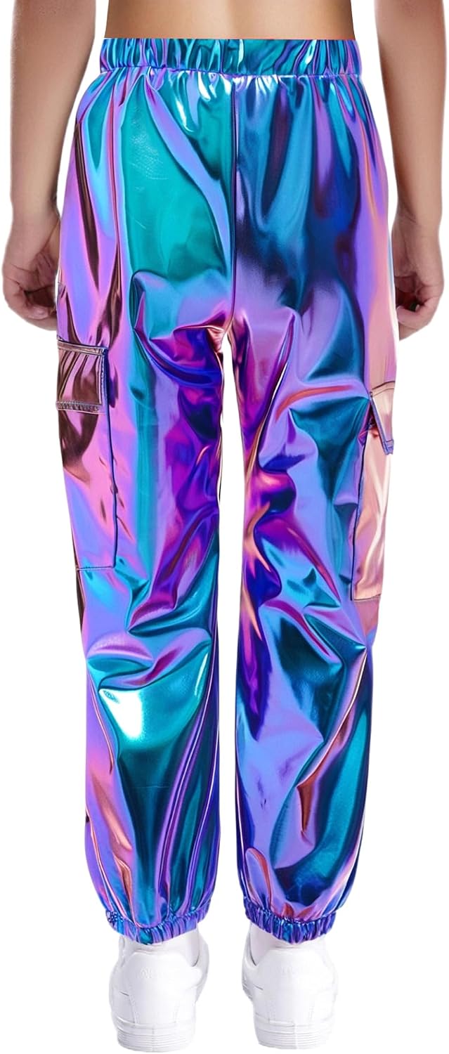 Kids Girls Boys Shiny Metallic Leggings Trousers Jazz Hip Hop Street Dance Harem Pants Performance wear