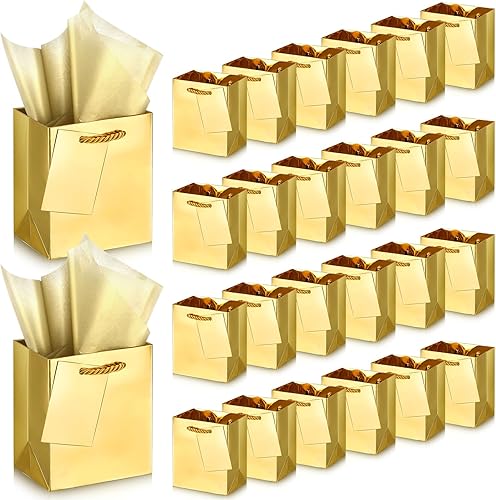 Tatuo Juego de 24 pequeñas bolsas metálicas de regalo a granel con asas, bolsas de papel con papel de seda para San Valentín, graduación, boda,
