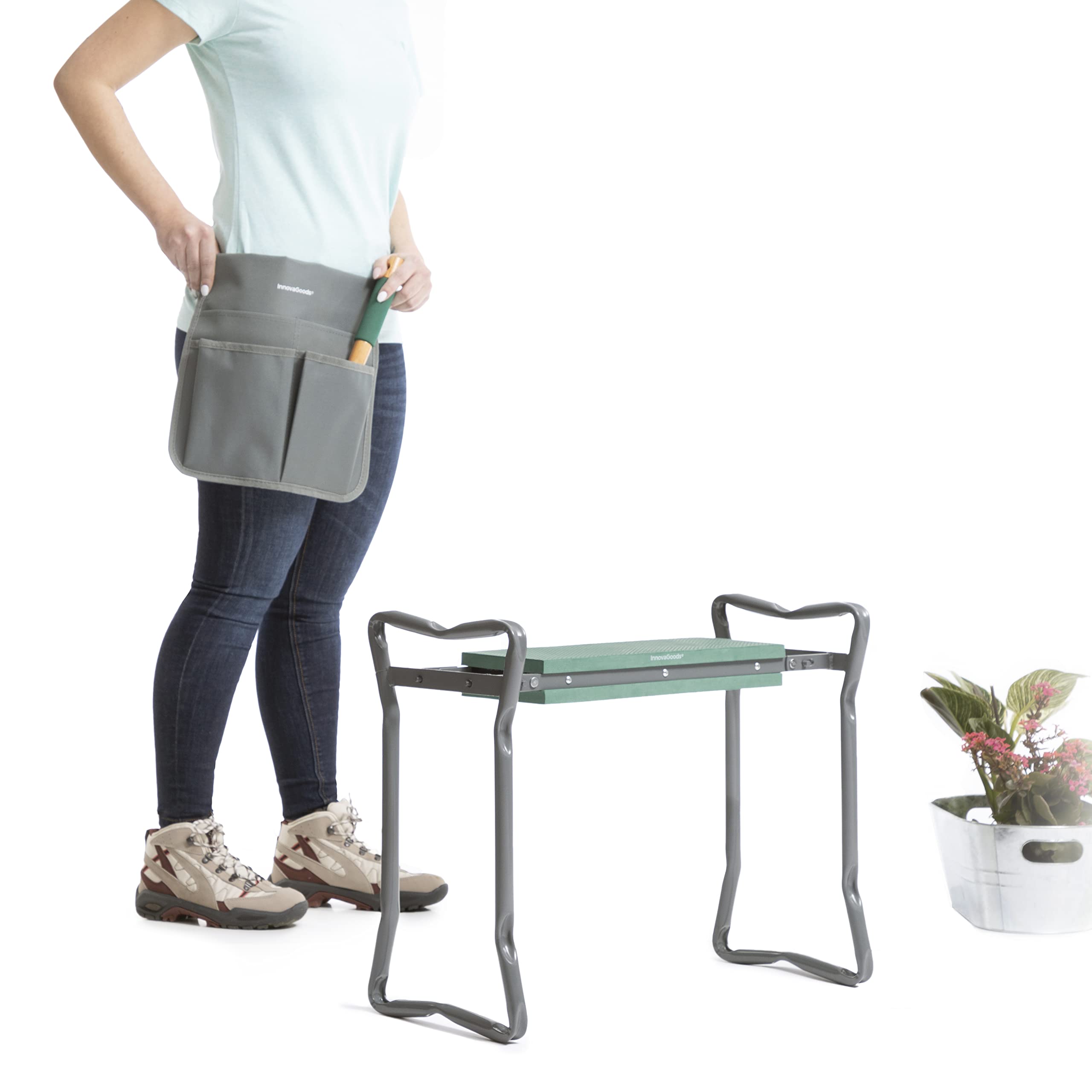 InnovaGoods® Banco de jardinería Plegable con Bolsa para Herramientas 3 en 1 Situl, Ayuda a Realizar Las tareas de jardinería de Forma cómoda y Segura, diseño Compacto y Ligero, Ideal para el jardín