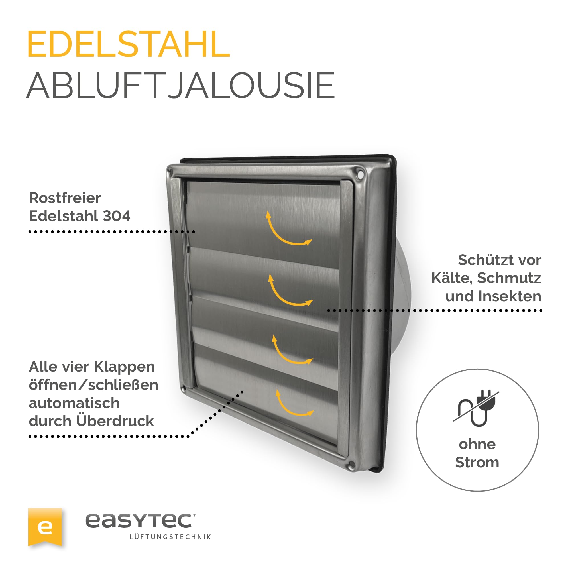 EASYTEC® Montagefertiges Mauerkasten-Set | DN Ø 150 mm | 220 x 90 | MK-SET1 | Edelstahl-Jalousie, Teleskoprohr, zweite Rückstauklappe, 2 m Flachkanal 220 x 90 mm, Verbinder, Umlenkbogen, Übergangsstück