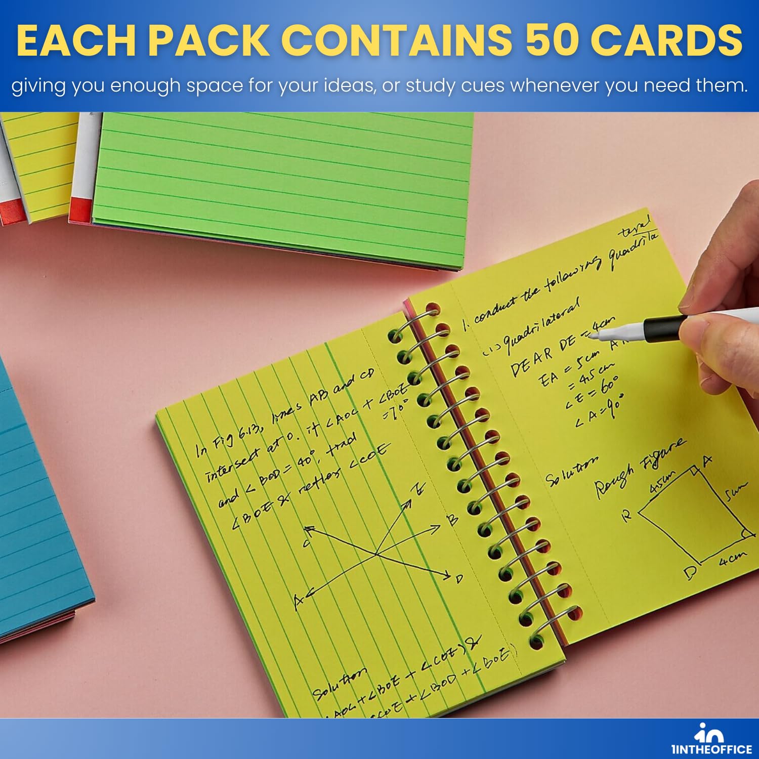 1InTheOffice Spiral Index Cards 3x5 Ruled, Neon Note Cards Spiral Bound, Spiral Bound Index Cards, 50 Cards/Pack, 2 Pack - Image 5