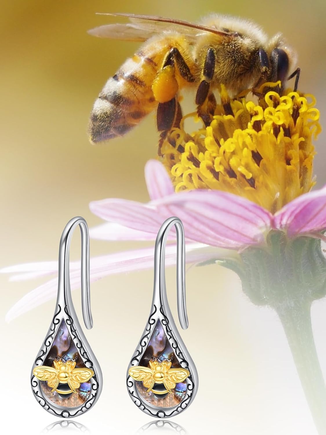 KINGWHYTE Bee Earrings 925 Sterling Silver Animal Drop Earrings Gold Plated Bumblebee Earrings Fashion Abalone Shell Jewelry Birthday Anniversaries Christmas Gifts for Women