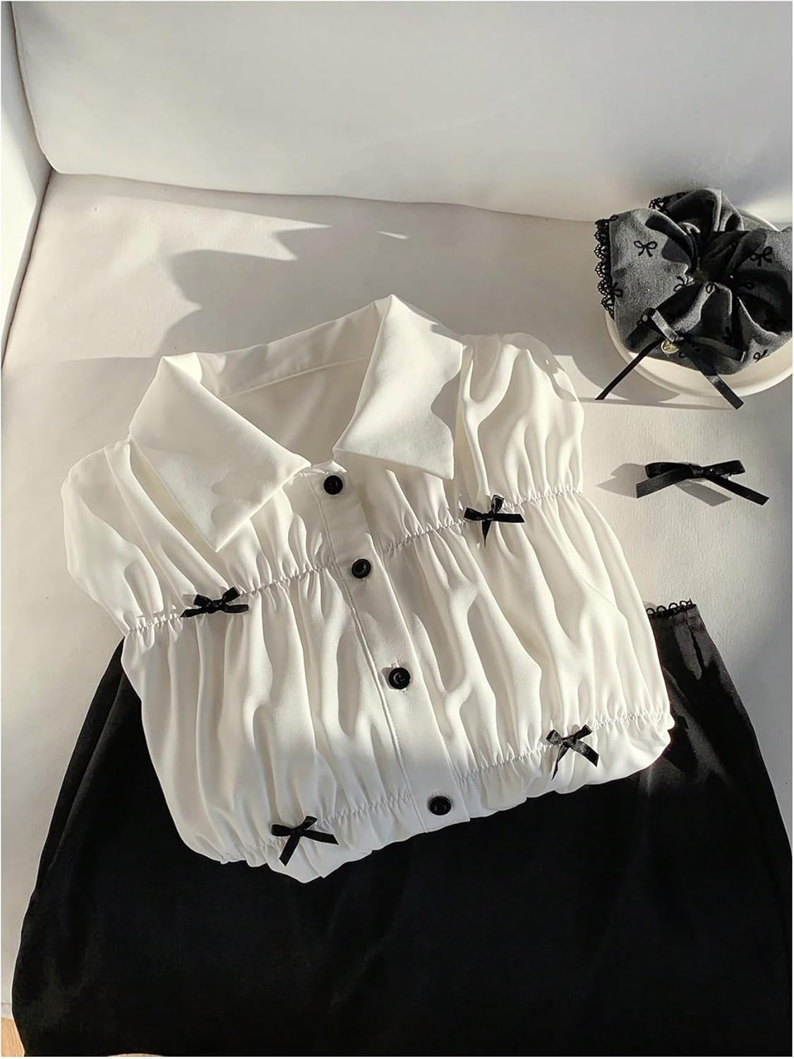 GORGLITTER Women's Crop Button Down Shirts Ruched Bow Tops Cropped Lantern Sleeve Collar Blouses - Image 5