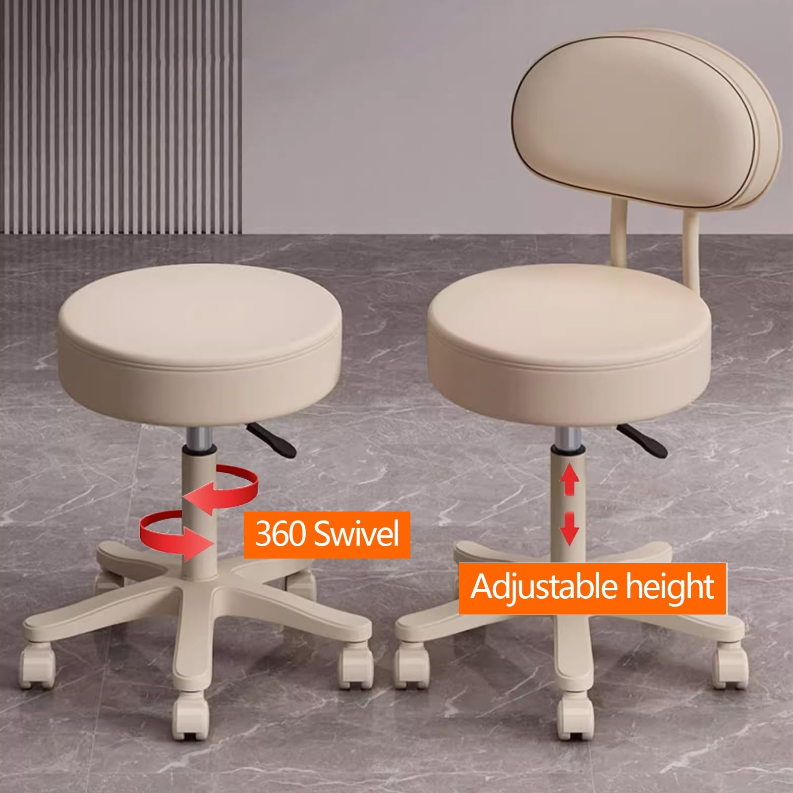 Taburete Peluqueria con Ruedas y Respaldo Regulable en Altura 43-52cm, Taburete Tocador Maquillaje Giratorio en 360 (White)