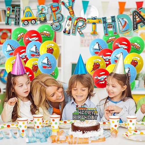 Miniatura 6 de Decoración de cumpleaños de transporte para niños y niñas, autos, autobús, tren, taxi, motocicleta, avión, transporte, pancarta de feliz cumpleaños,