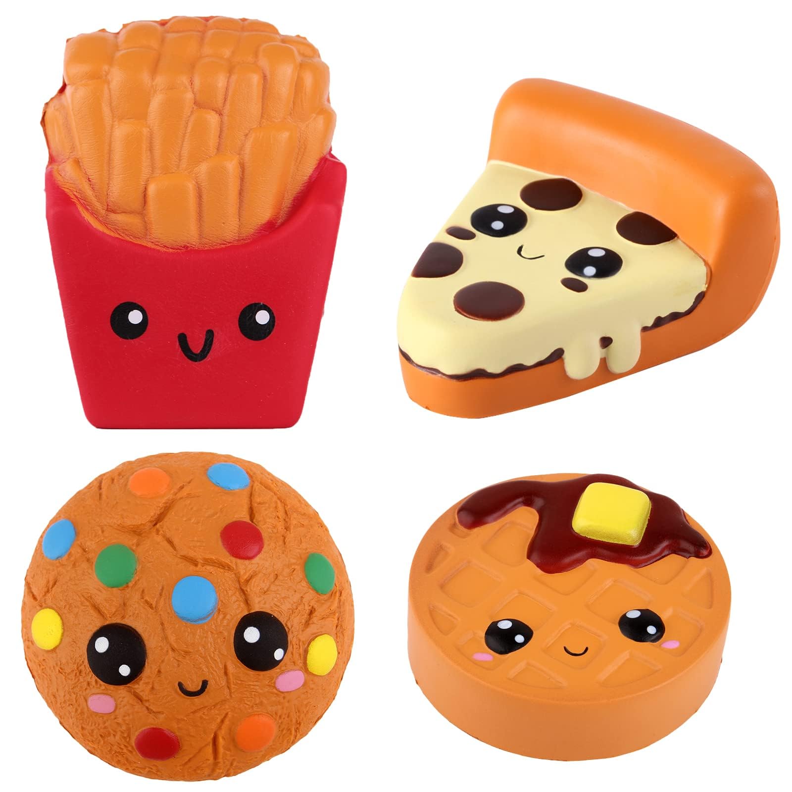 AnboorSquishies Pizza,Cookies,Chocolate Cake and French Fries Kawaii Scented Soft Slow Rising Simulation Simulation Food Squishies Stress Relief Kids Toy Collection Decorative Props,4 Pcs