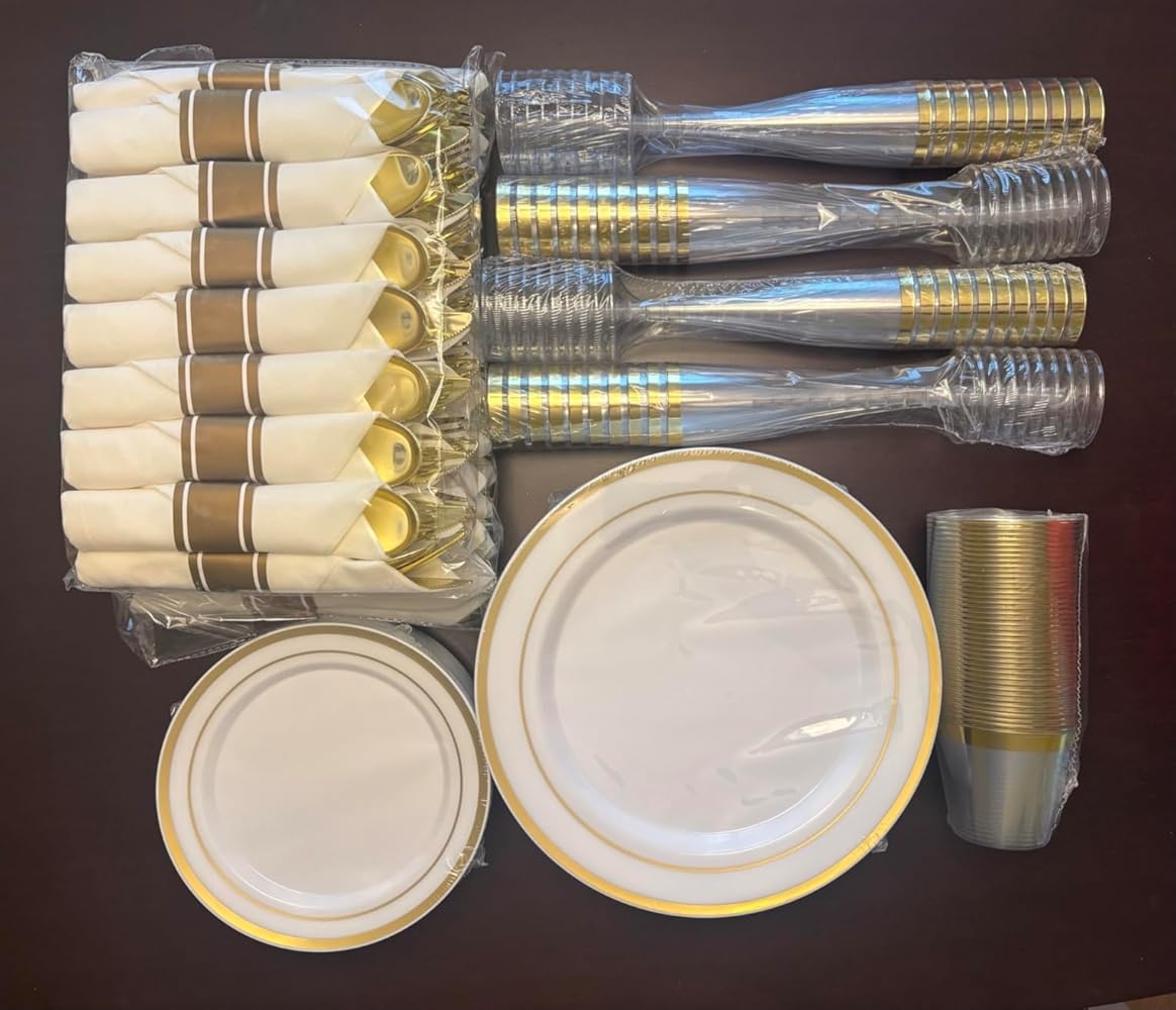 Goodluck Disposable Silver Plastic Dinnerware Set for Christmas, Wedding, Includes Dinner Plates, Dessert Plates,  Napkins with Silverware, Cups, Champagne Glasses