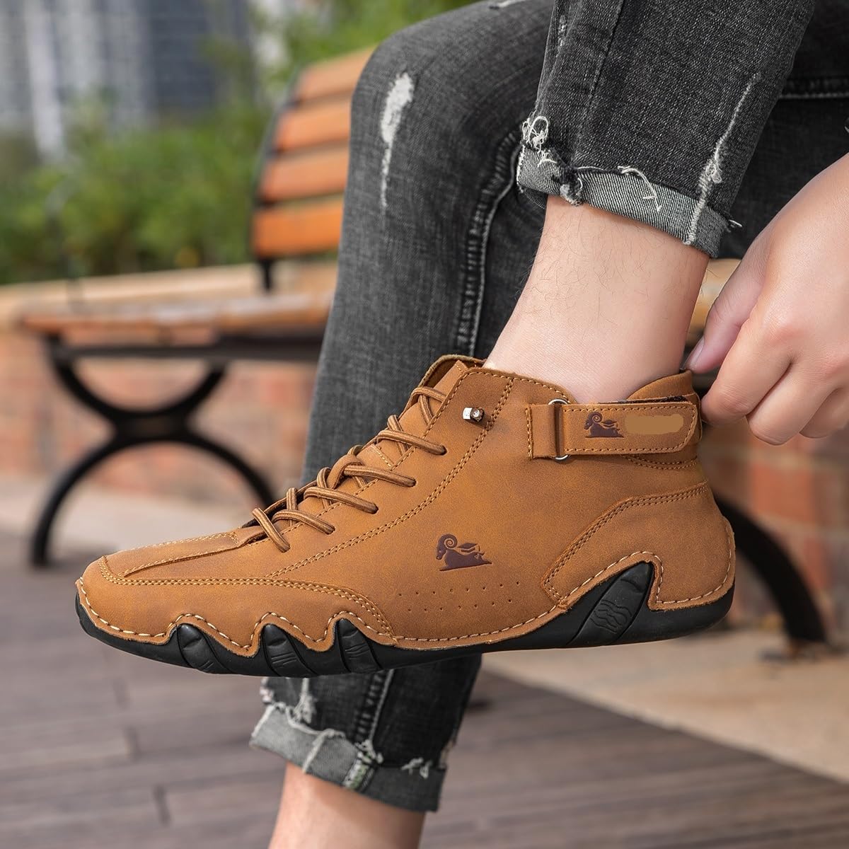 Italienische handgefertigte hohe Stiefel für Herren mit Klettverschluss, Outdoor-Beck-Schuhe, atmungsaktiv, rutschfest, lässig, barfuß, zum Gehen, Wandern, Fahren, Chukka-Stiefel(Braun,42 EU)