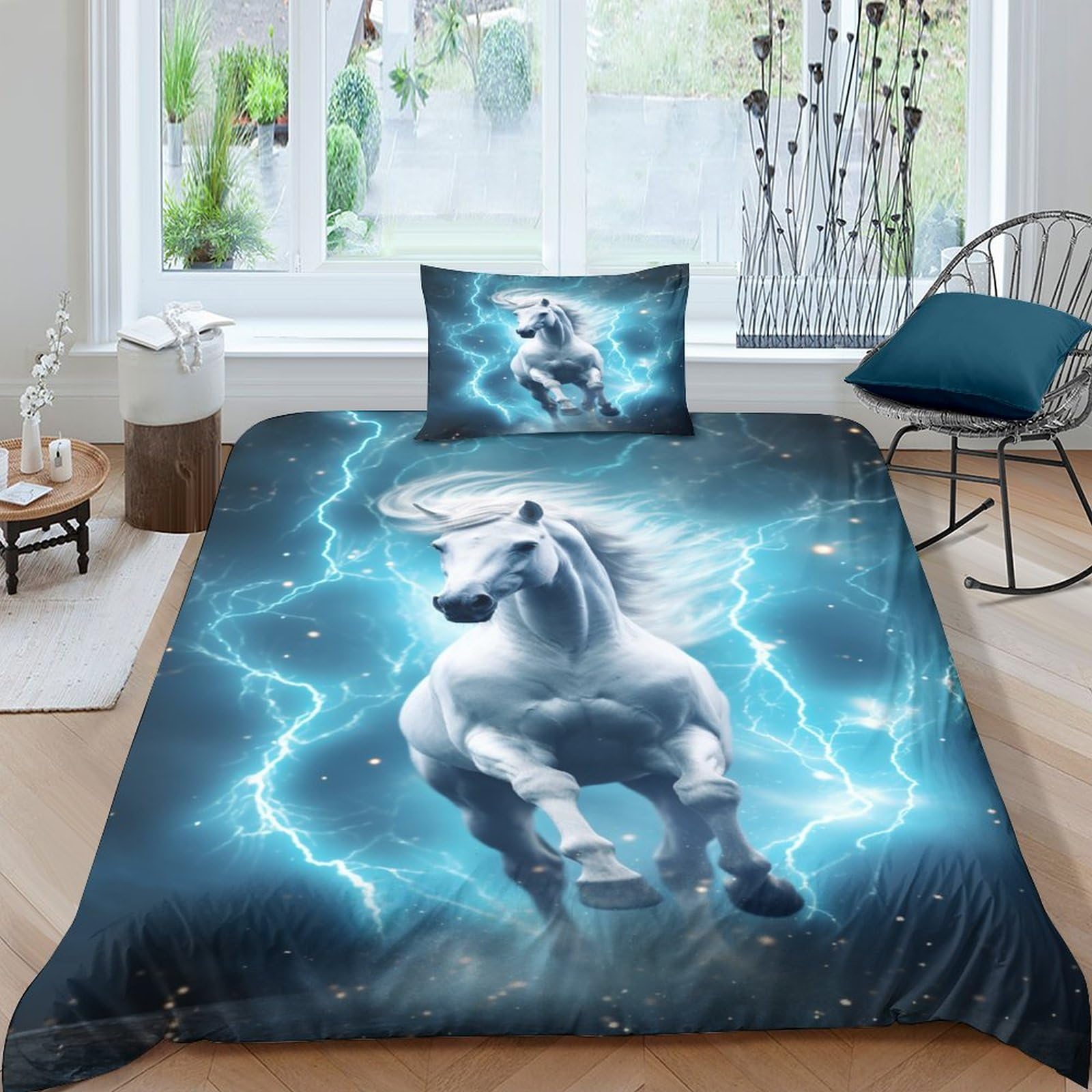 Parure de lit cheval de galop 135x200 microfibre avec housse de couette enfant et taie d'oreiller