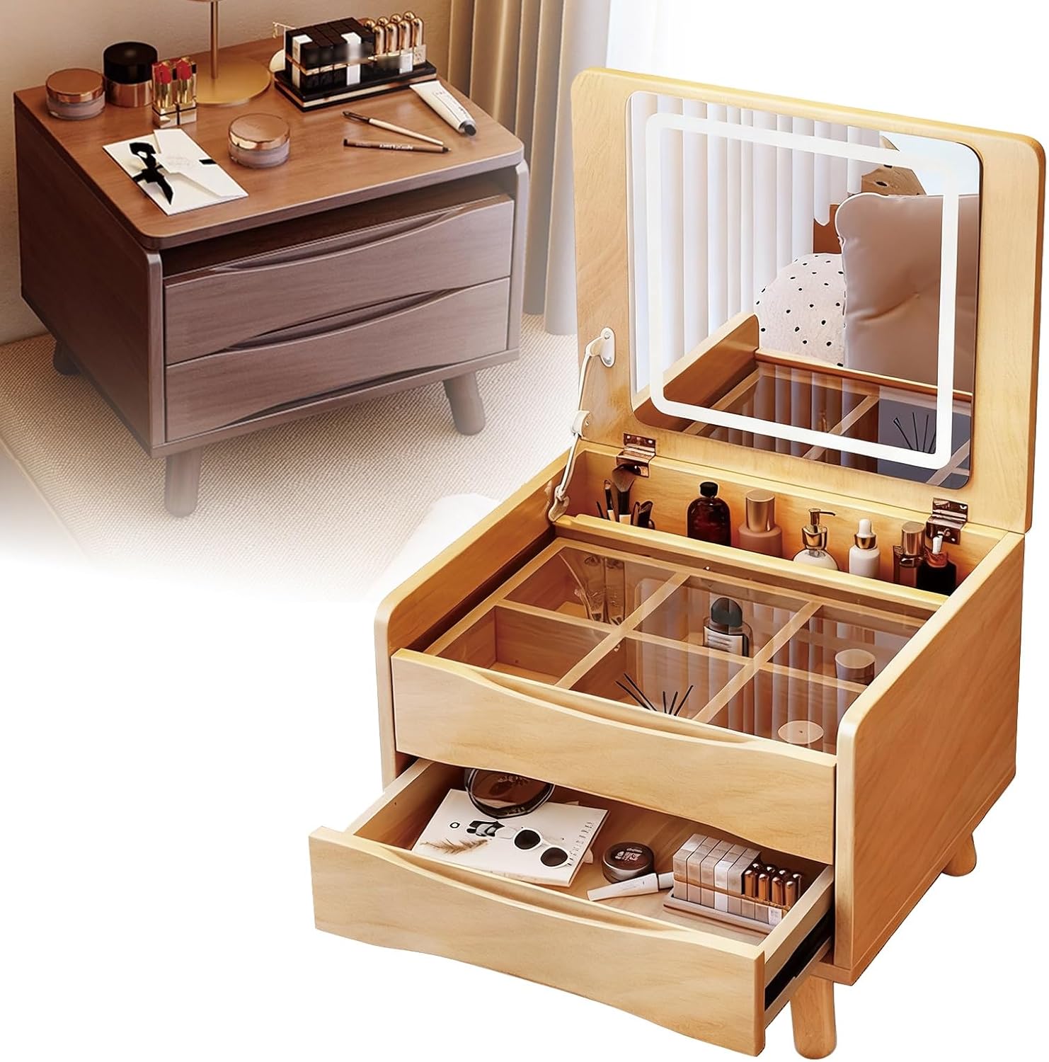 ドレッサー ドレッサーテーブル 全実木素材 48/60cm 鏡台 折りたたみ化粧鏡 大容量 防塵 出窓の化粧台 強化ガラス可視テーブ バンコク限定