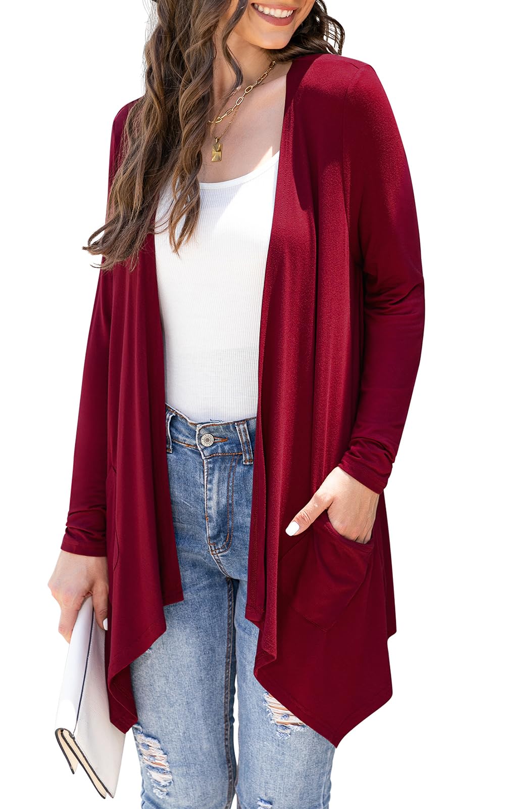 Veryoung Women's Lightweight Cardigan Casual Soft Long Sleeve Floral Knit Cardigans with Pockets High Low Hem Draped Duster