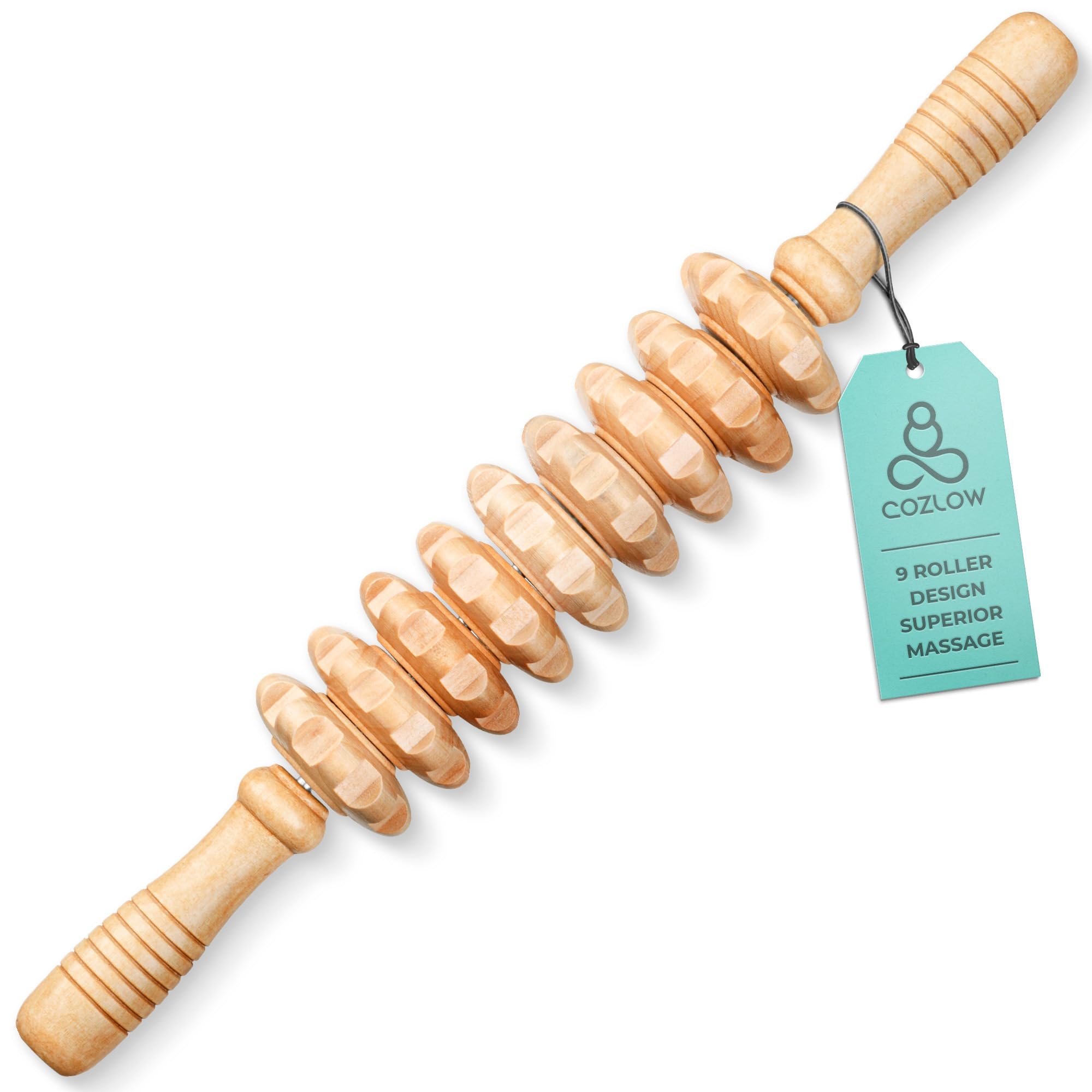 Wooden Massage Roller Stick - 9 Rollers - Curved Wood Therapy Massage Tool for Body Sculpting, Fascia Release and Lymphatic Drainage - by Cozlow