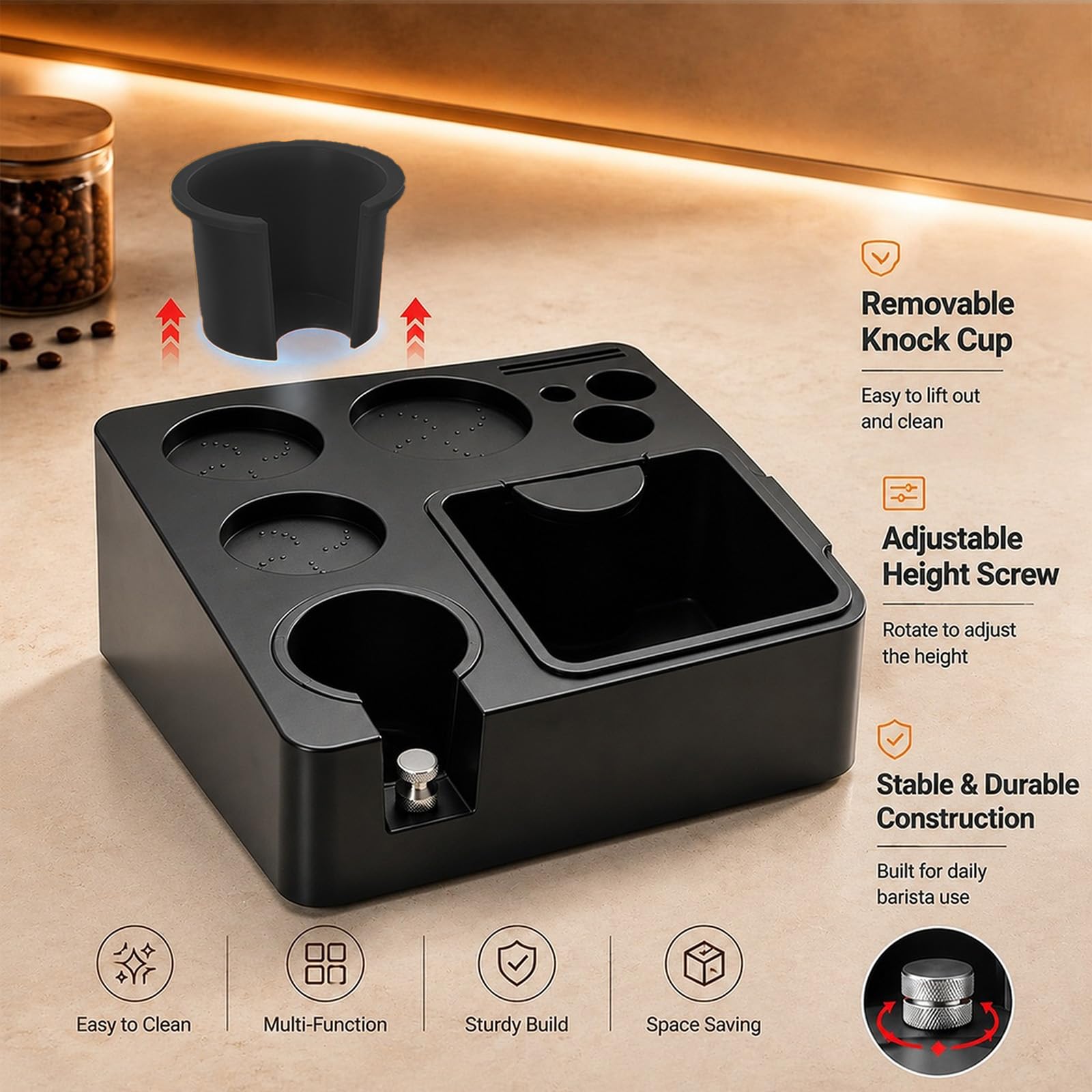 Estación de tampado para portafiltros de 51 – 58 mm, 4 en 1, con recipiente para posos de café, portafiltros y soporte para tamper (cuadrado)