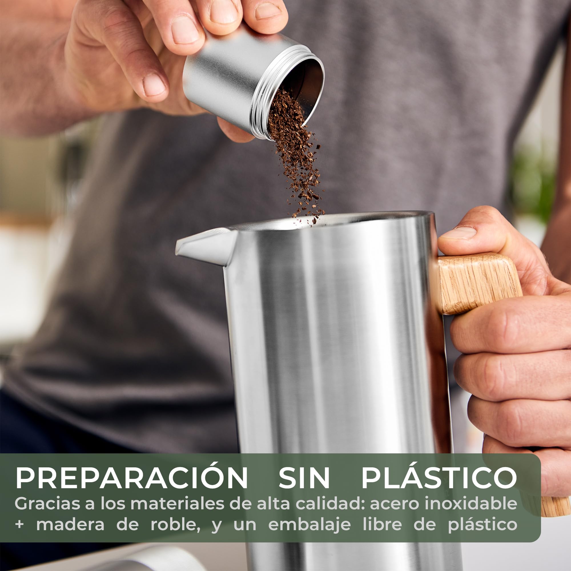 WALDWERK French Press (1L) - Cafetera francesa de acero inoxidable de doble pared con mango de madera de roble - Cafeteras de émbolo - Prensa francesa sin plástico - Cafetera manual