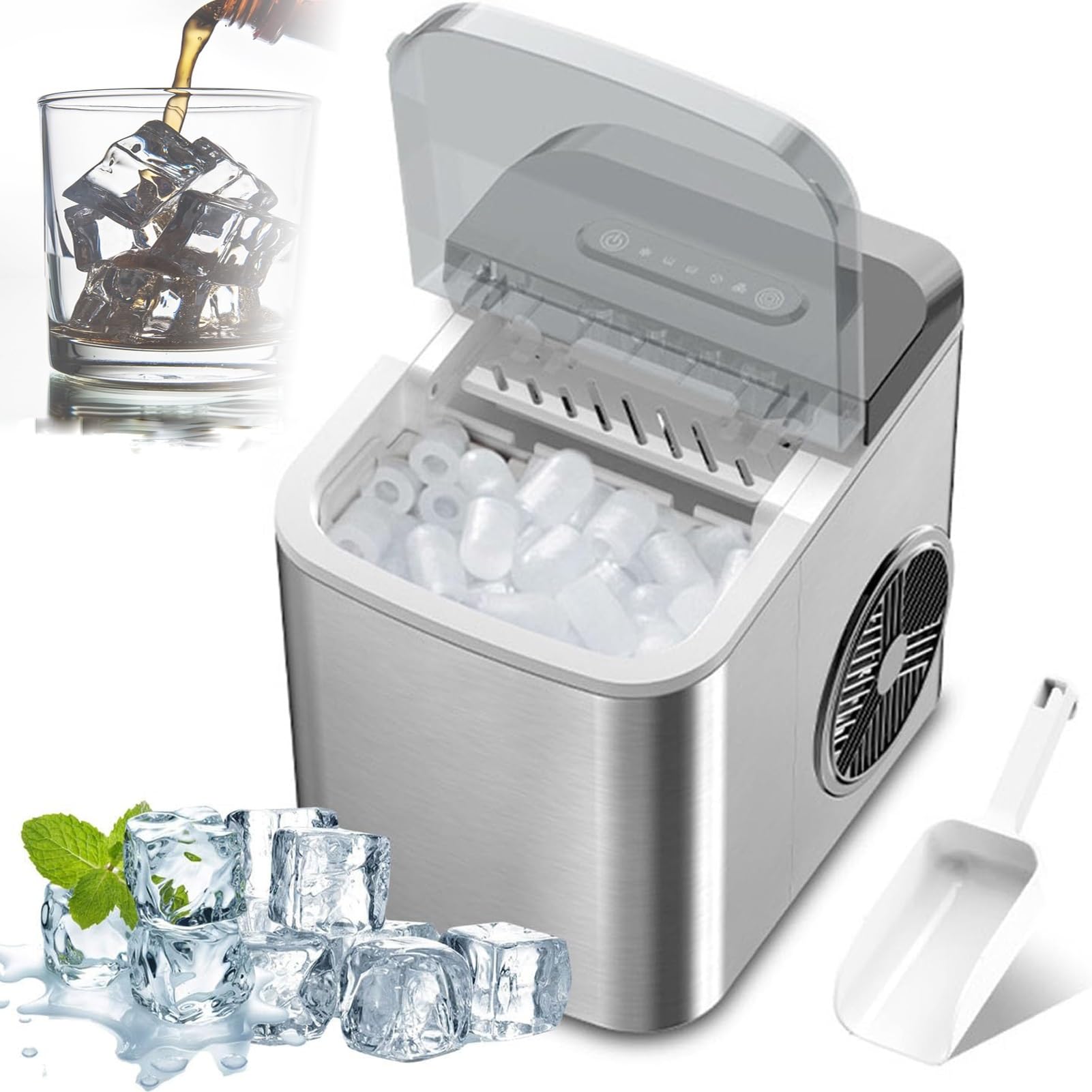 Encimera portátil máquina hacer hielo cuchara cesta for hielo,for hogar | Máquina de hielo autolimpiante, 12 kg en 24 h, hielo listo en 6 minutos, 2 ajustes de tamaño, for cocina/oficina/bar