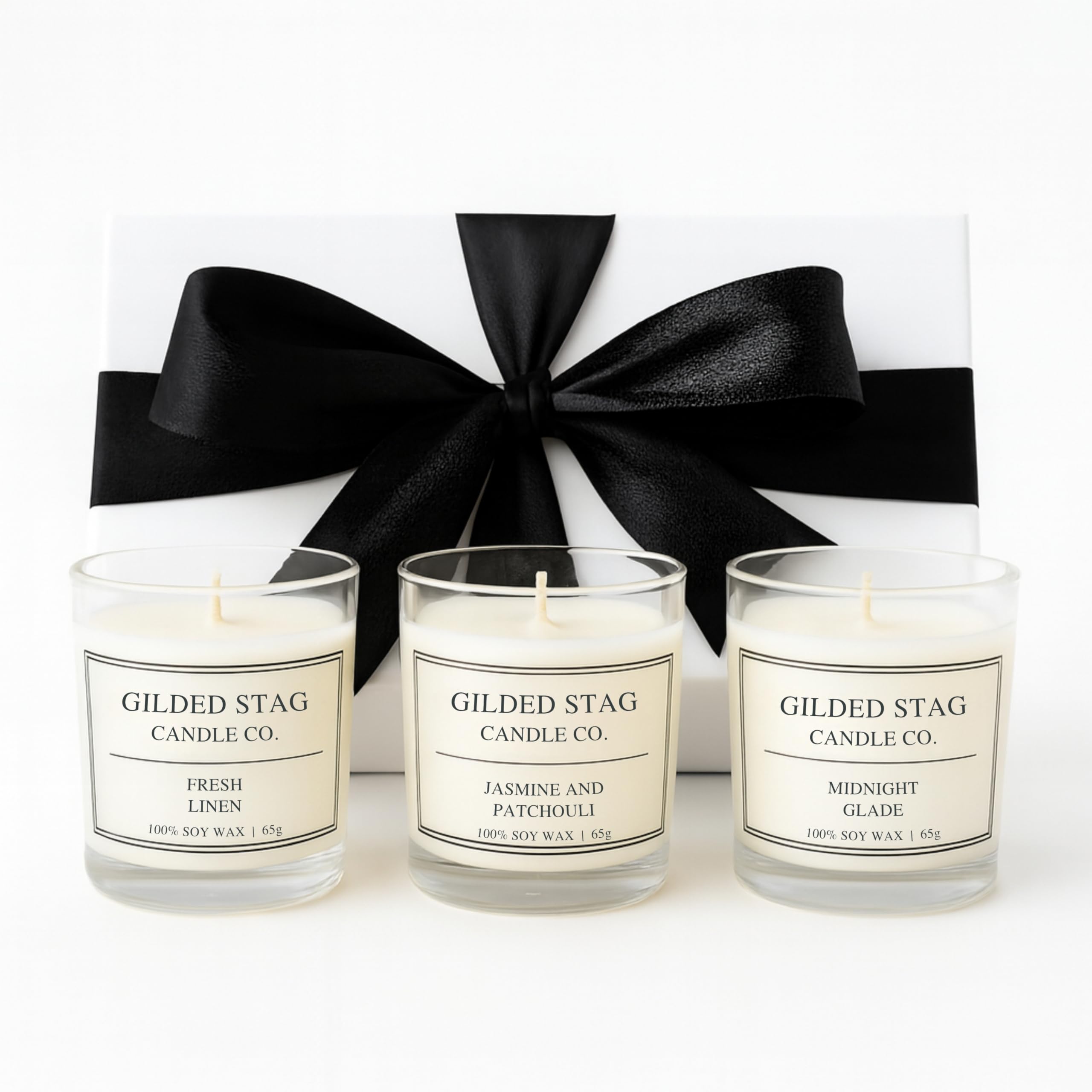 Floral Scented Candle Gift Set by Gilded Stag Candle Co. – 3 × 65g (9cl) Fresh Linen, Midnight Glade, Jasmine & Patchouli – Luxury Gift Box, Vegan Soy Wax, Up to 15h Burn Per Candle