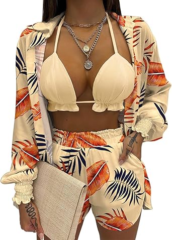 Women's Hawaiian 3 Piece Outfits Sets Floral Blouse Swimsuit Cover Ups Halter Bikini Top Mini Short Summer Beachwear