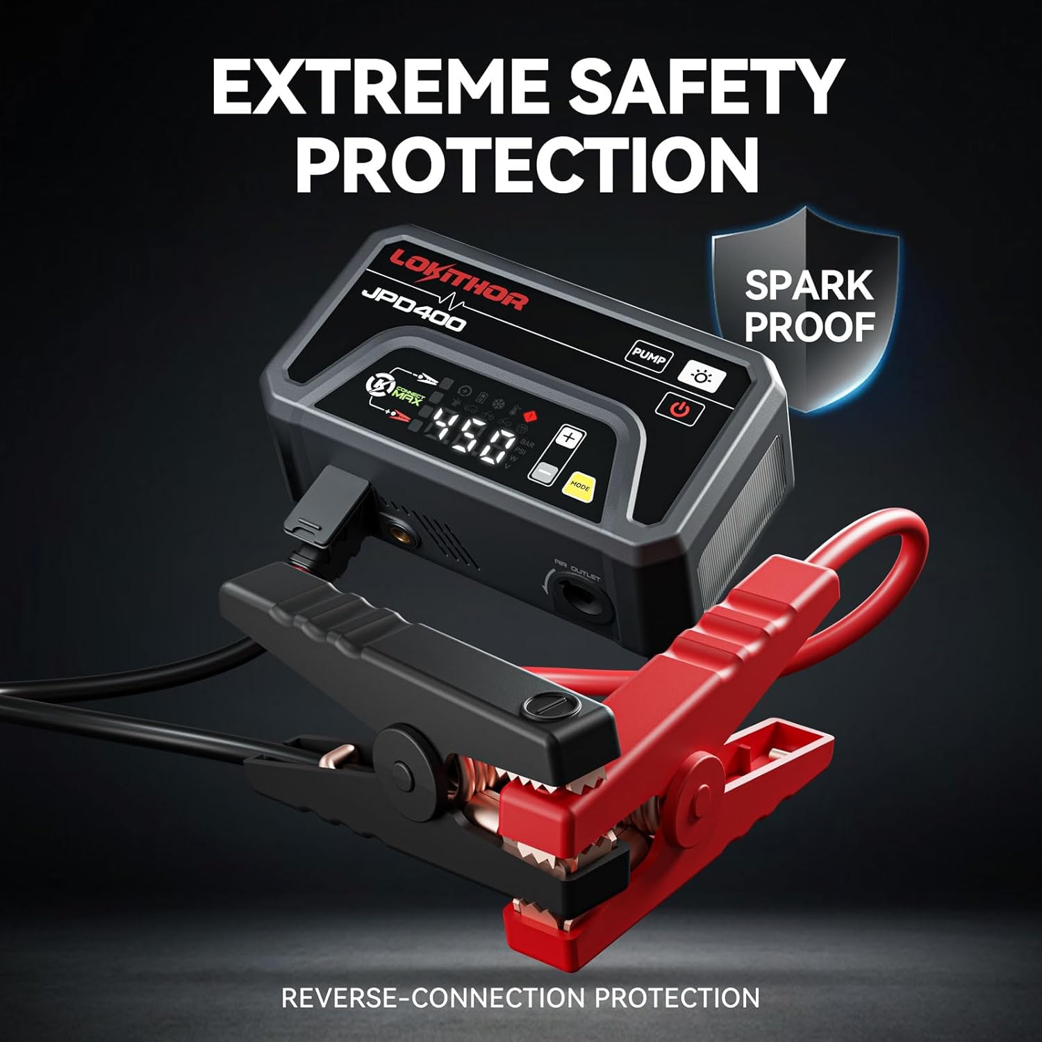 LOKITHOR JPD400 Jump Starter with Air Compressor and Deflator, 3000A Car Battery Jump Starter (9.0L Gas/7.0L Diesel) Jump Box with 150PSI Tire Inflator, 10000mAh Power Bank, LED Light, Jumper Cables