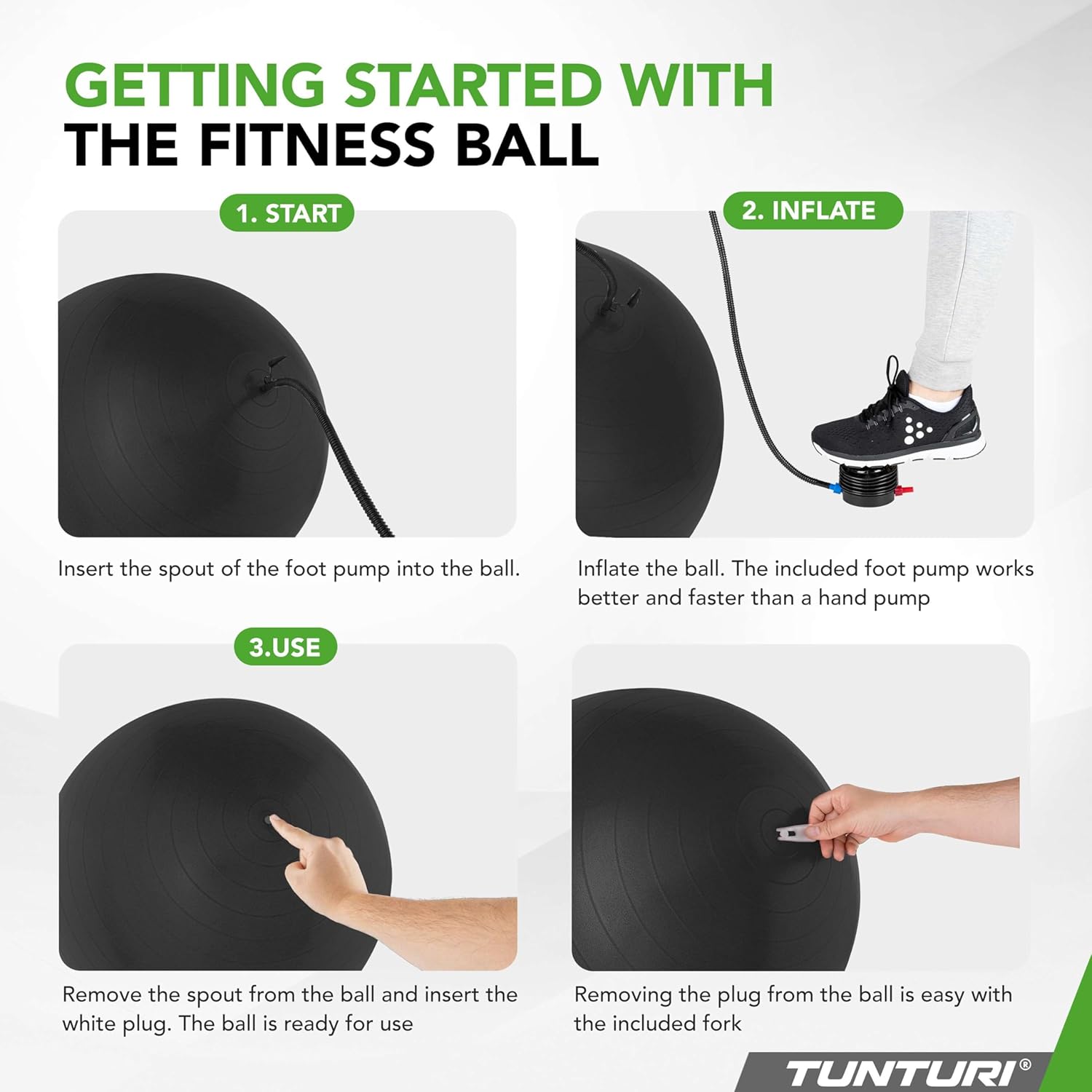 Step-by-step guide on how to inflate the Tunturi fitness ball using the included pump and seal it with the plug.