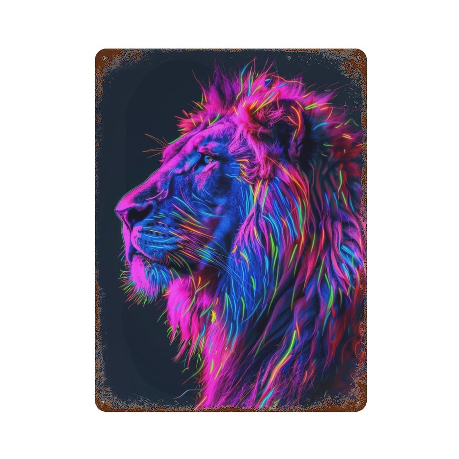 Vintage Rust Metal Sign with Neon Glitch Lion Design 15.7"x11.8", for Garage, Bar And Workshop Decor, Retro Wall Decor