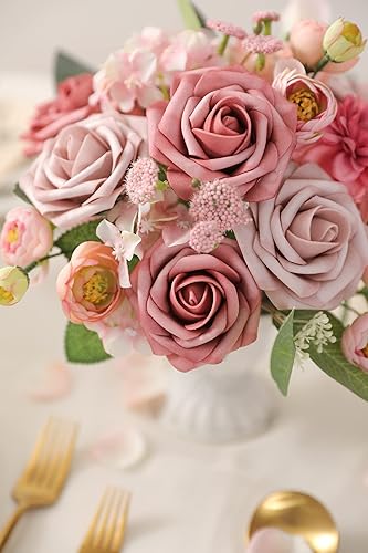 Miniatura 10 de YYHUAWU Juego de flores artificiales, color degradado, hojas de flores con tallos para ramos de boda, centros de mesa, baby shower, fiesta,