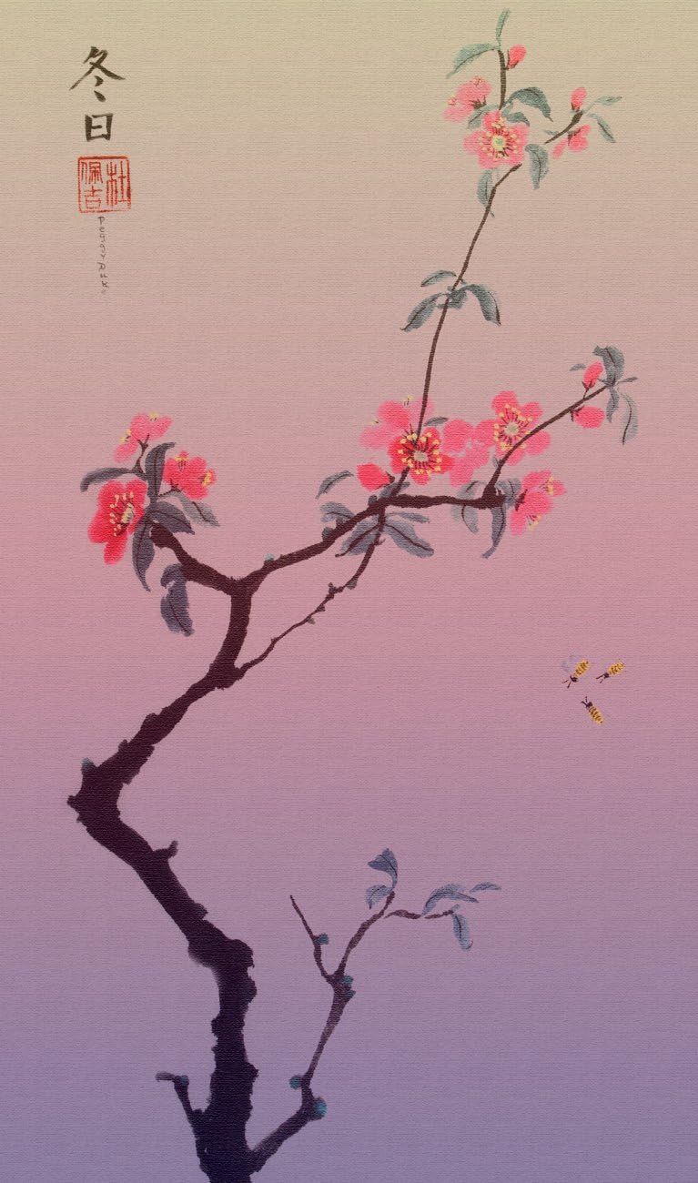 Peggy Duke Plum Blossoms and Bees, Giclee Print of Original Sumi-e Flower Painting, 12 X 20 Inches