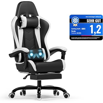 Devoko Ergonomic Gaming Chair with Massage Function and Extendable Footrest Adjustable Backrest 90-135  Comfortable Office Chair for Home Office Computer Chair 150 kg Load Capacity White