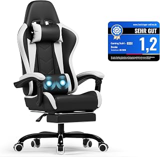 Devoko Ergonomischer Gaming Stuhl mit Massagefunktion und ausziehbarer Fußstütze, verstellbare Rückenlehne 90-135°, Komfortabler Bürostuhl für Home Office, Computersessel 150kg Belastbarkeit, Weiß