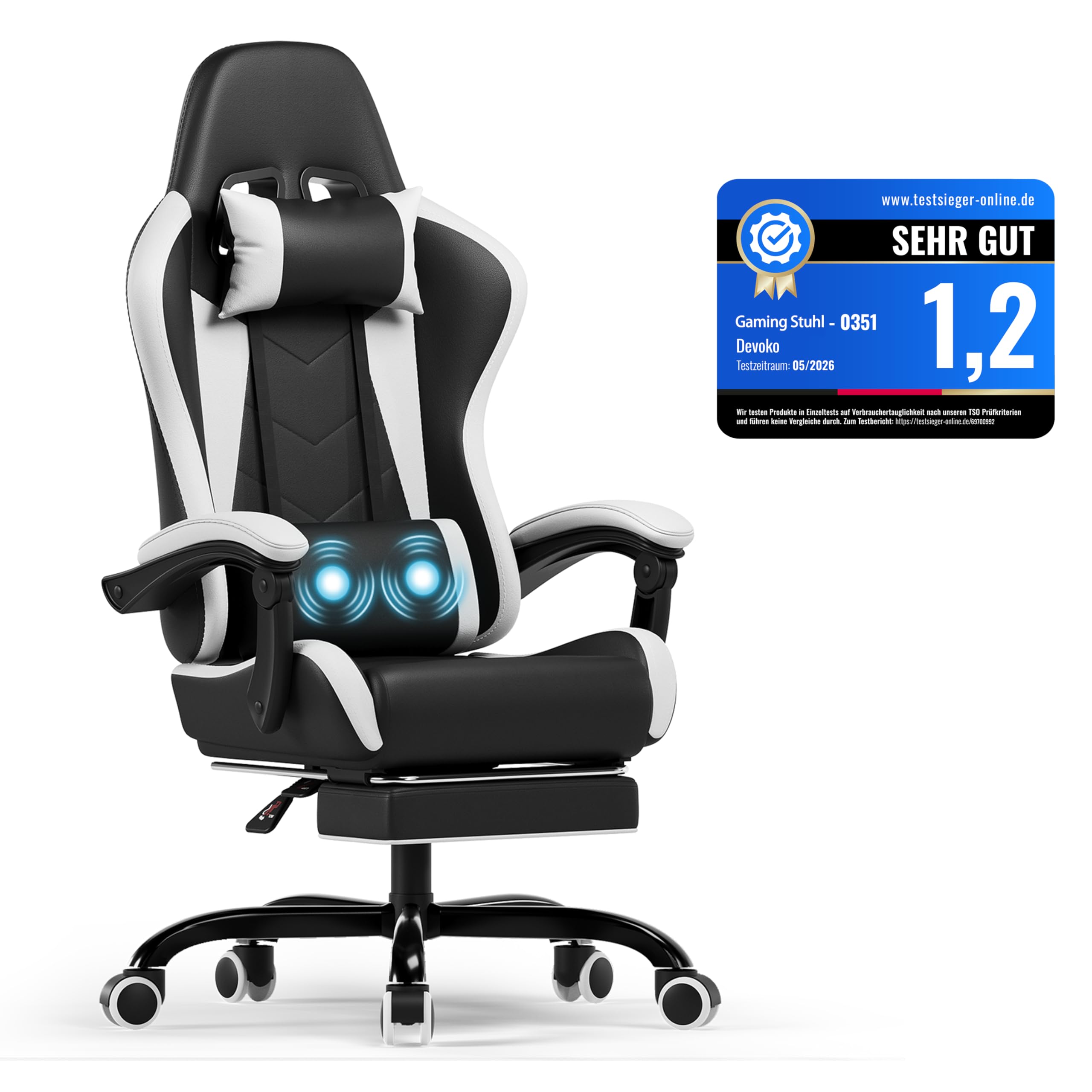 Devoko Ergonomischer Gaming Stuhl mit Massagefunktion und ausziehbarer Fußstütze, verstellbare Rückenlehne 90-135°, Komfortabler Bürostuhl für Home Office, Computersessel 150kg Belastbarkeit
