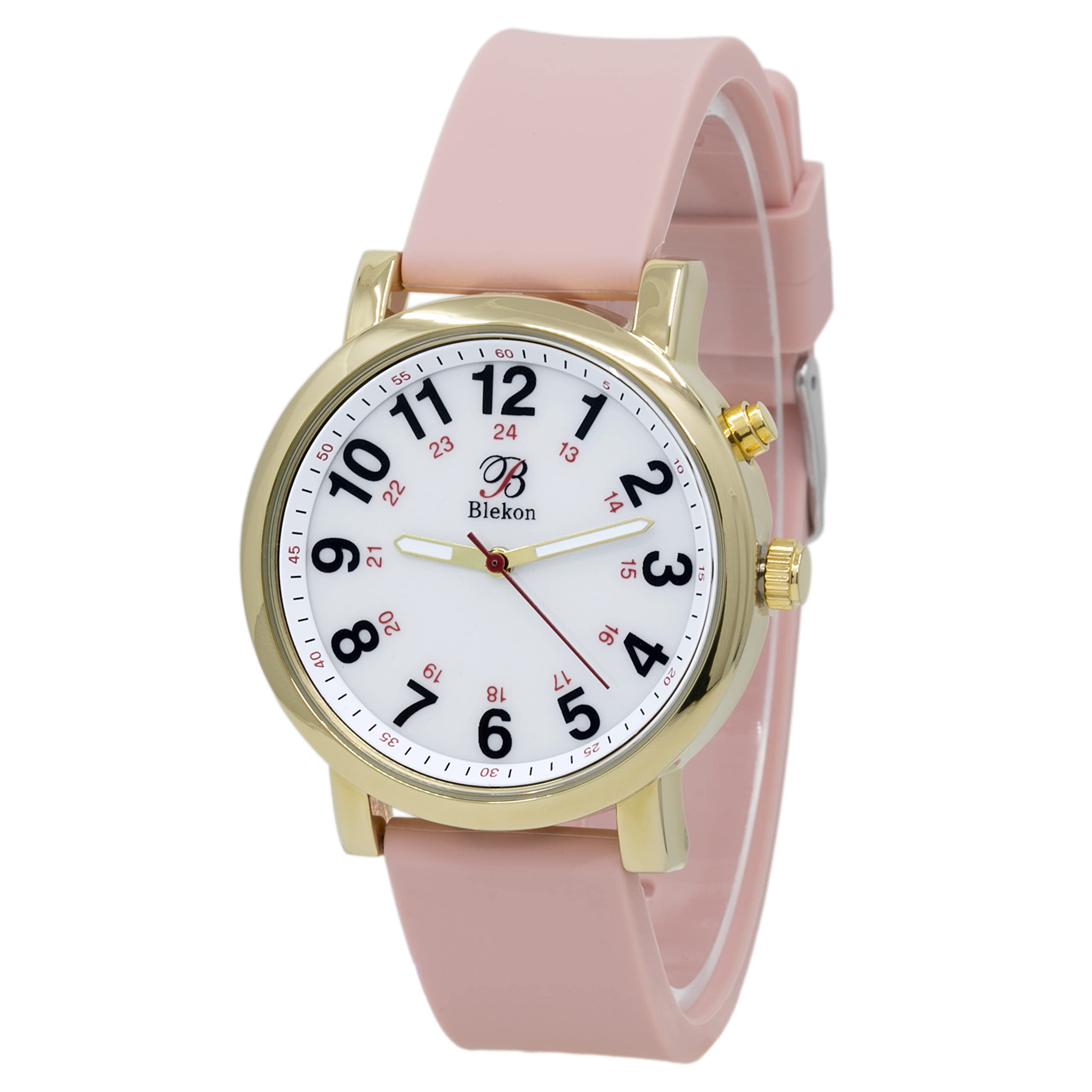 Blekon Original Light Up Dial Nurse Watch – Various Medical Scrub Colors, Easy to Read, Military Time with Second Hand, Silicone Band, Water Resistant Watch (Gold LIGHTPINK)