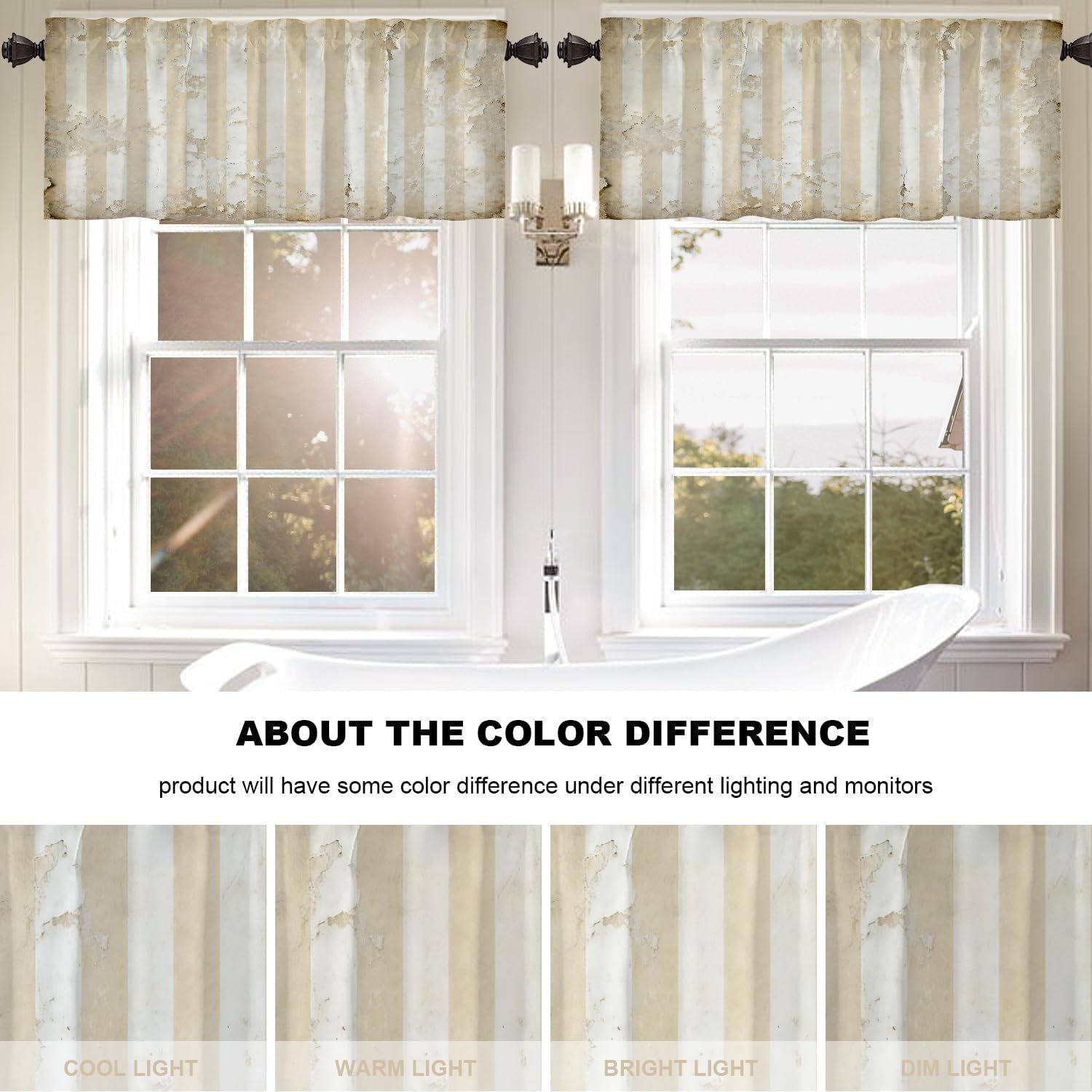 Vintage Brown Beige Blackout Kitchen Curtain, White and Gold Stripe Chic Pattern Window Treatment Rod Pocket Light Filtering Bathroom Short Valance 1 Pack 52X18 Inches