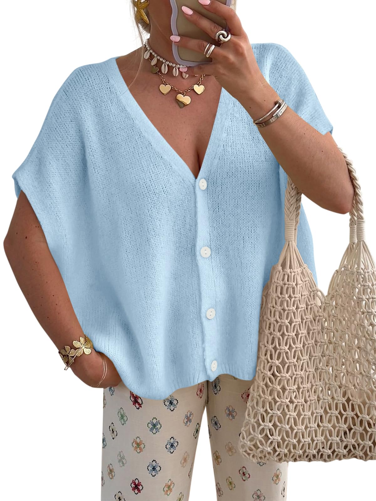 PRETTYGARDEN Womens 2026 Spring Oversized Cardigans Batwing Short Sleeve Lightweight Button V Neck Casual Knit Sweater Tops Light Blue Medium