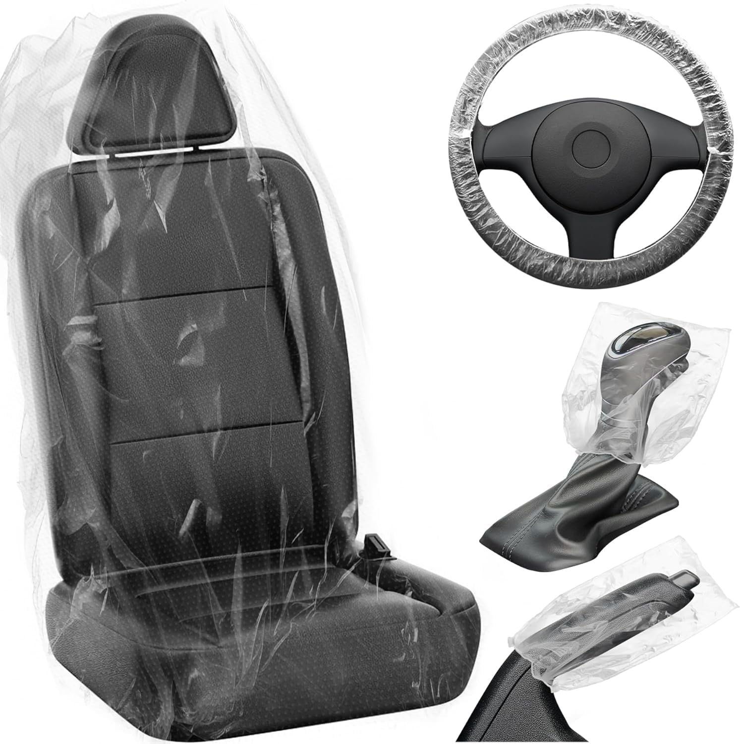 MYFAMIREA 125 PCS Disposable Car Seat Covers Clear Plastic Vehicle Seat Protector Set with Steering Wheel, Gear Shift and Handbrake Covers, Universal for Cars Auto Truck Bus Airplane