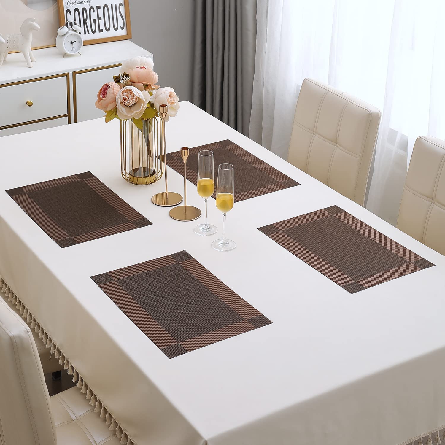 daiDokoro Rectangular Crossweave Woven PVC Vinyl Non-Slip Insulation Heat-Resistant & Waterproof Stain Resistant Washable Placemat for Dining & Kitchen Table-(Coffee Brown, Set of 4)