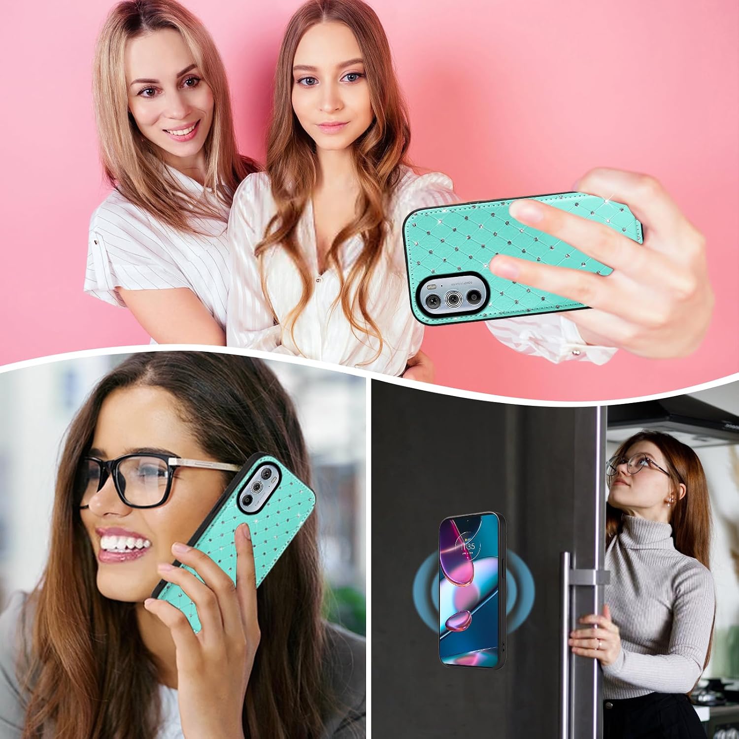 Asuwish Phone Case for Motorola Edge+ Plus 2022/Edge X30/30 Pro Zipper Wallet Detachable Cell Cover with Screen Protector Crossbody Strap Bling Flip Credit Card Holder Moto Edge + 5G UW Women Men Teal