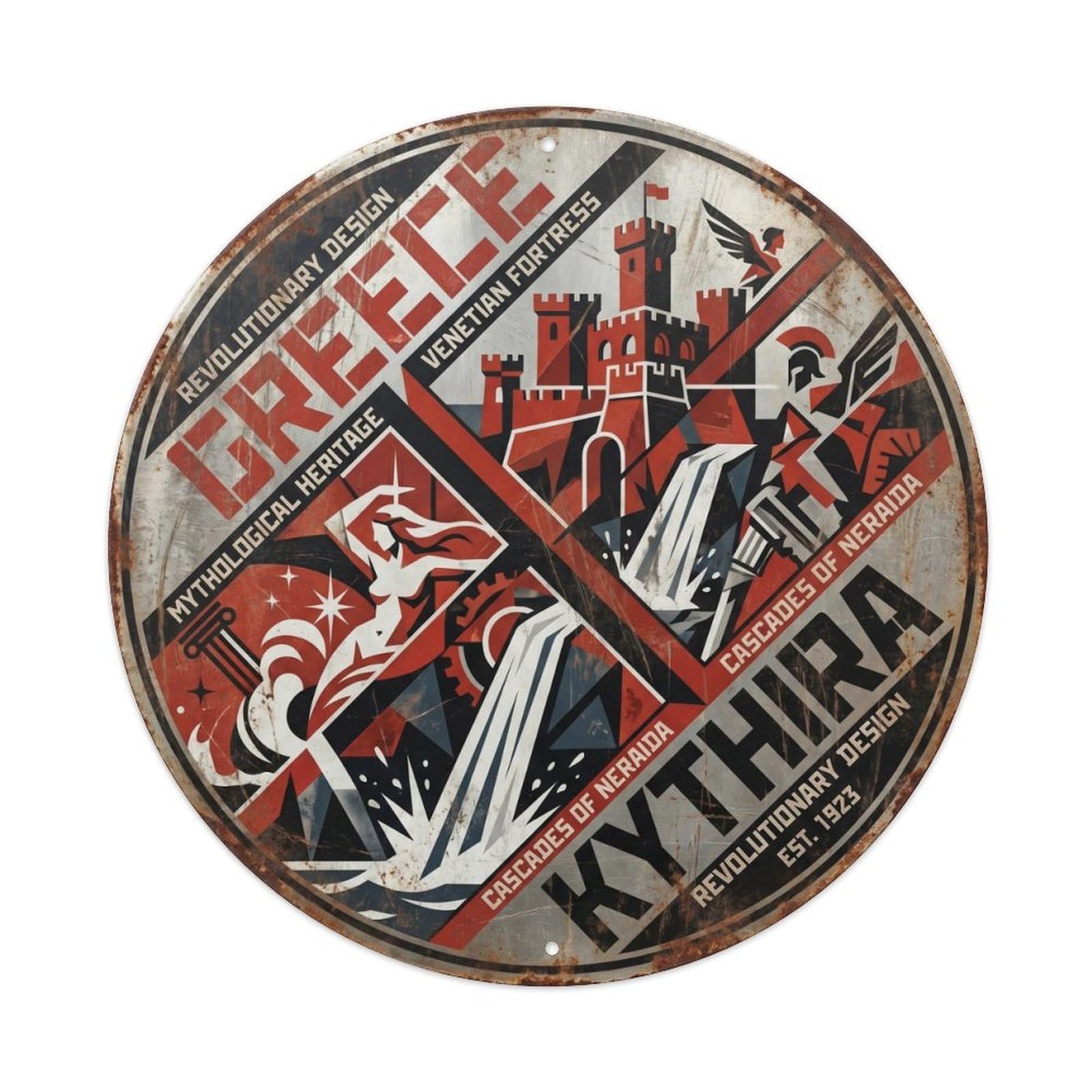 Kythira Venetian Greek Bold Geometry European Journey Metal Tin Sign Plaque Wall Decor for Cafe, Man Cave, Club Bar, Office, Home Garden Round Metal Poster 8x8Inch