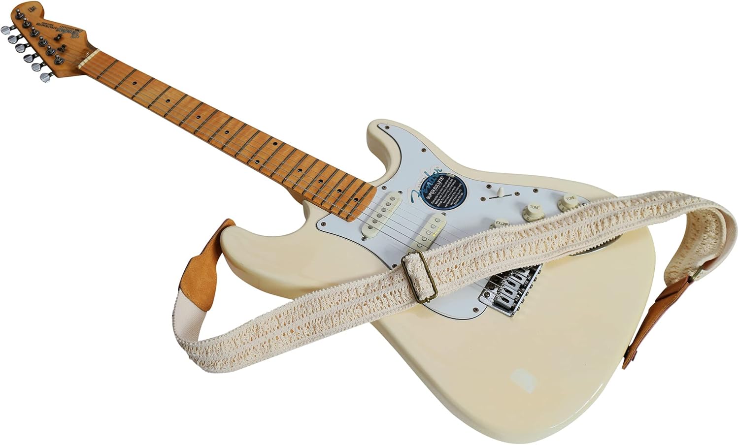 MUSIC FIRST Original Design, 2 inch width (5cm), Cream Graceful & Vintage Lace Soft Lace & Genuine Leather Delux Guitar Strap, Electric Guitar Strap (Cream)
