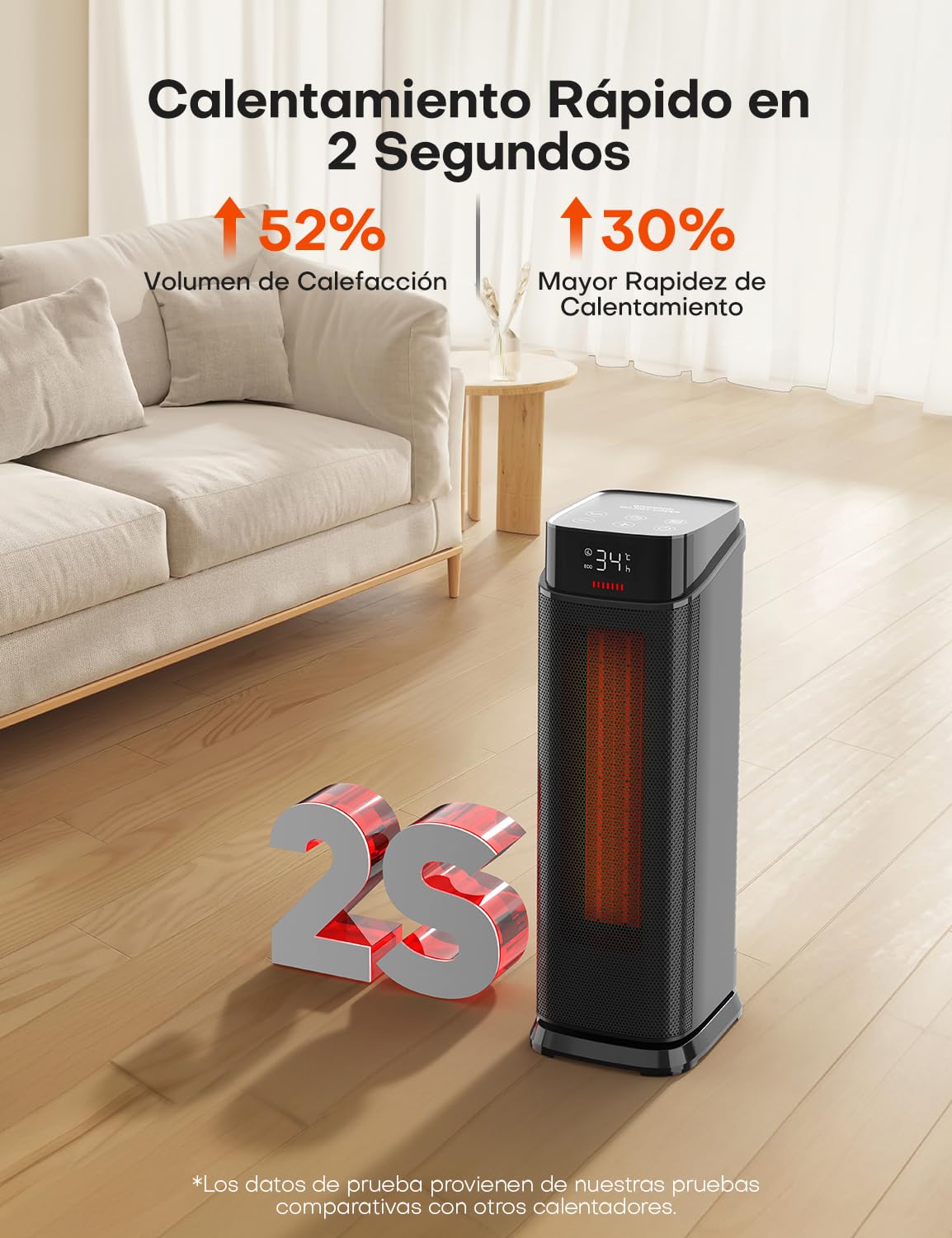 Calefactor PTC 2000 W negro, protección contra sobrecalentamiento y vuelco | Termostato, oscilación de 90°, mando a distancia, temporizador 24 h, modo ECO, silencioso (37 dB) y calentamiento en 2 s