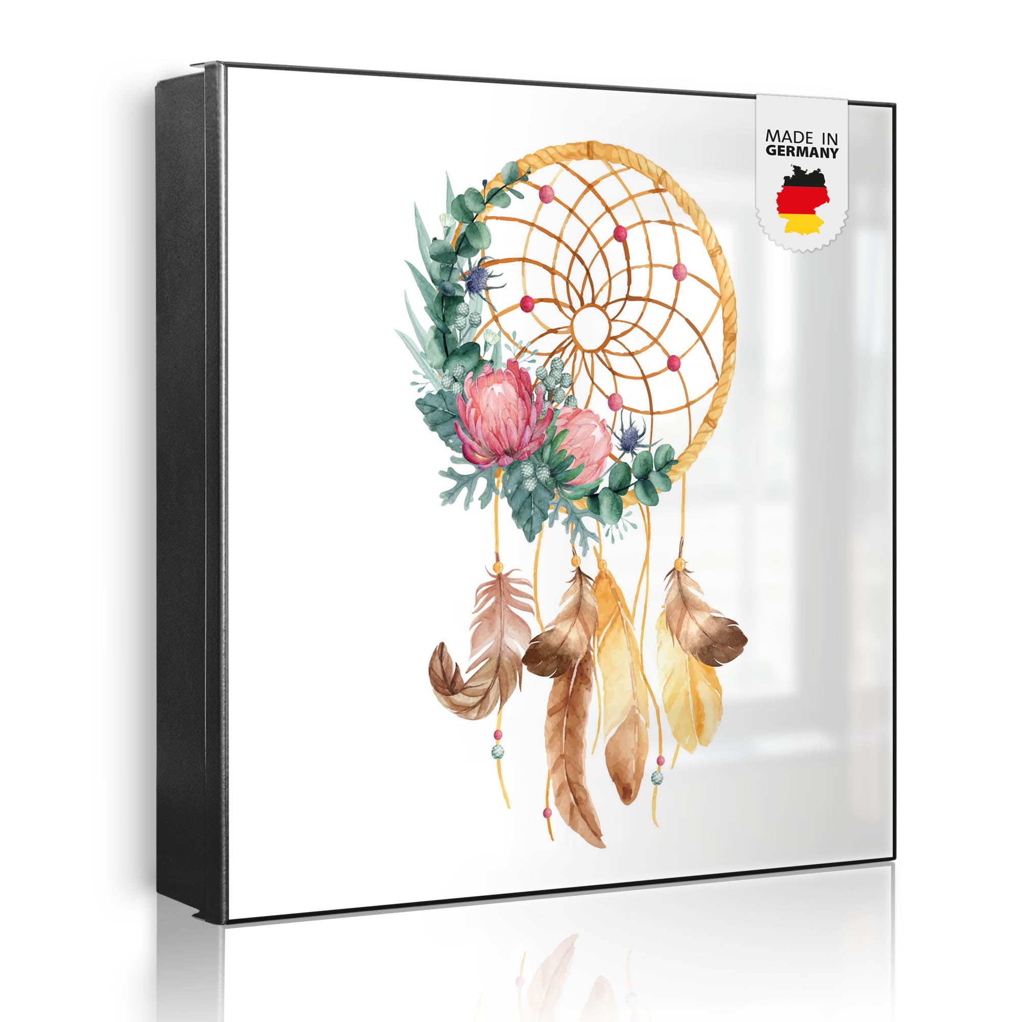 banjado Großer Schlüsselkasten Metall - Schlüsselbox 30x30cm beschreibbarer mit 32 Haken - Schlüsselkasten modern für Schlüsselaufbewahrung - Korpus Schwarz Scharnier Rechts - Motiv Traumfänger Federn