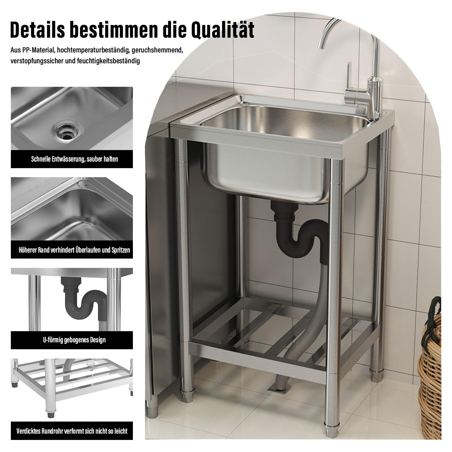 Freistehende Spüle Edelstahl Spültisch mit 43×33×18 cm Becken – Outdoor Waschbecken für Küche, Garten (Edelstahl Silber, 80 cm x 50 cm x 40 cm)