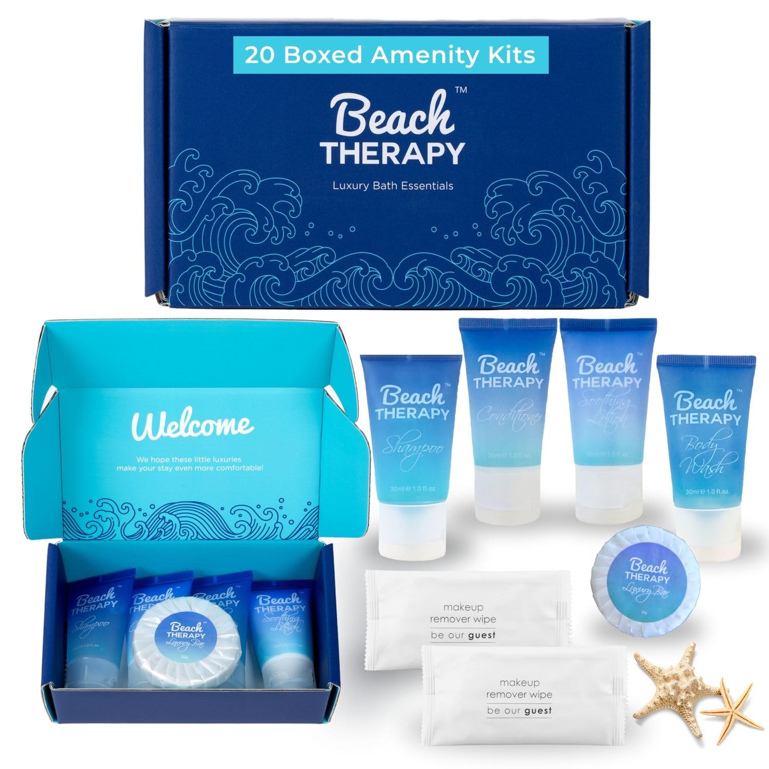 20 Display Ready Boxed Amenity Kits with Premium Hotel Toiletry Essentials - 1 oz Shampoo, Conditioner, Body Wash, Body Lotion, 1.2 oz Guest Soap & 2