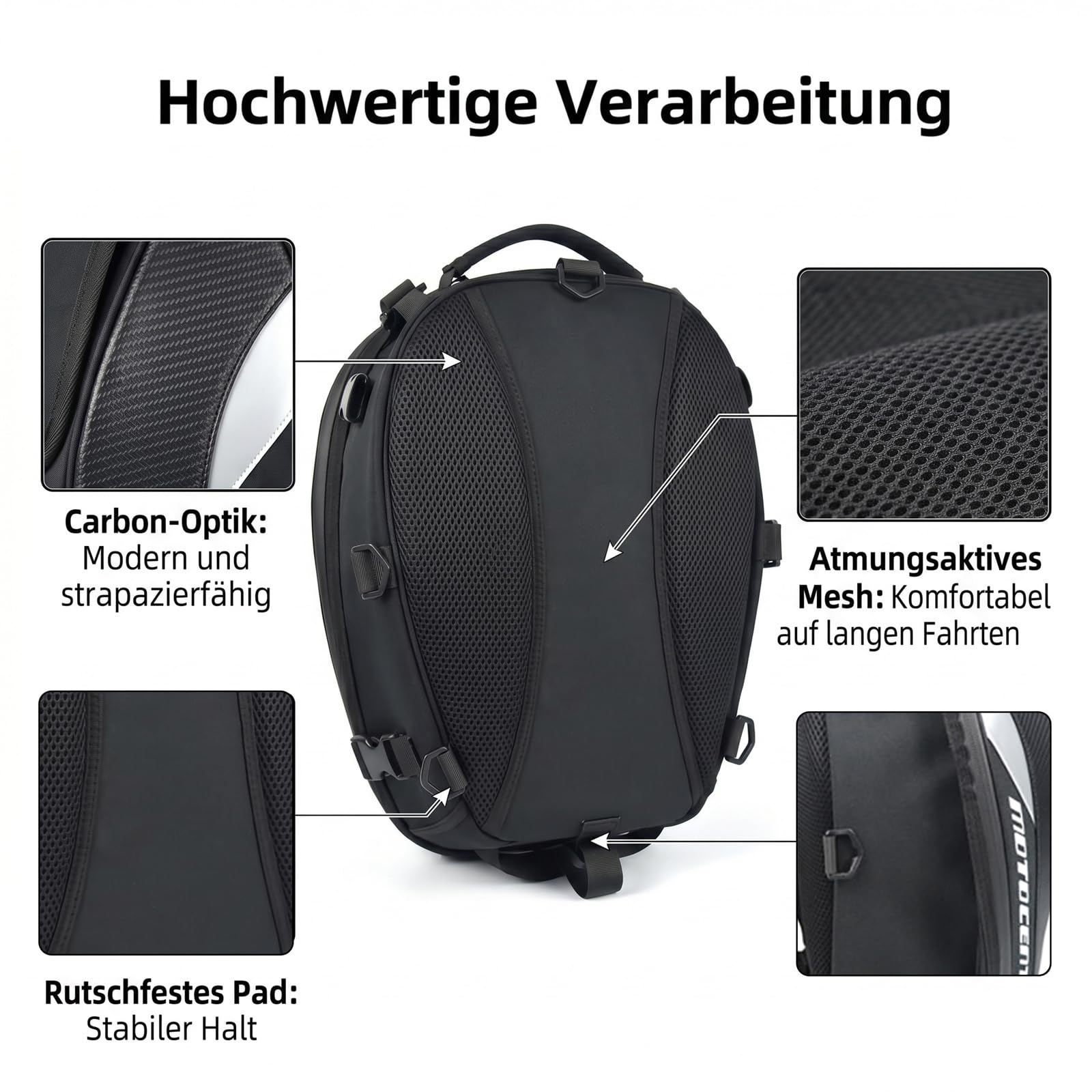 MOTOCENTRIC Motorrad Hecktasche Erweiterbar 25L-38L, Motorradrucksack mit Regenhaube, Wasserdichte Soziustasche Carbon-Optik für Touren & Alltag