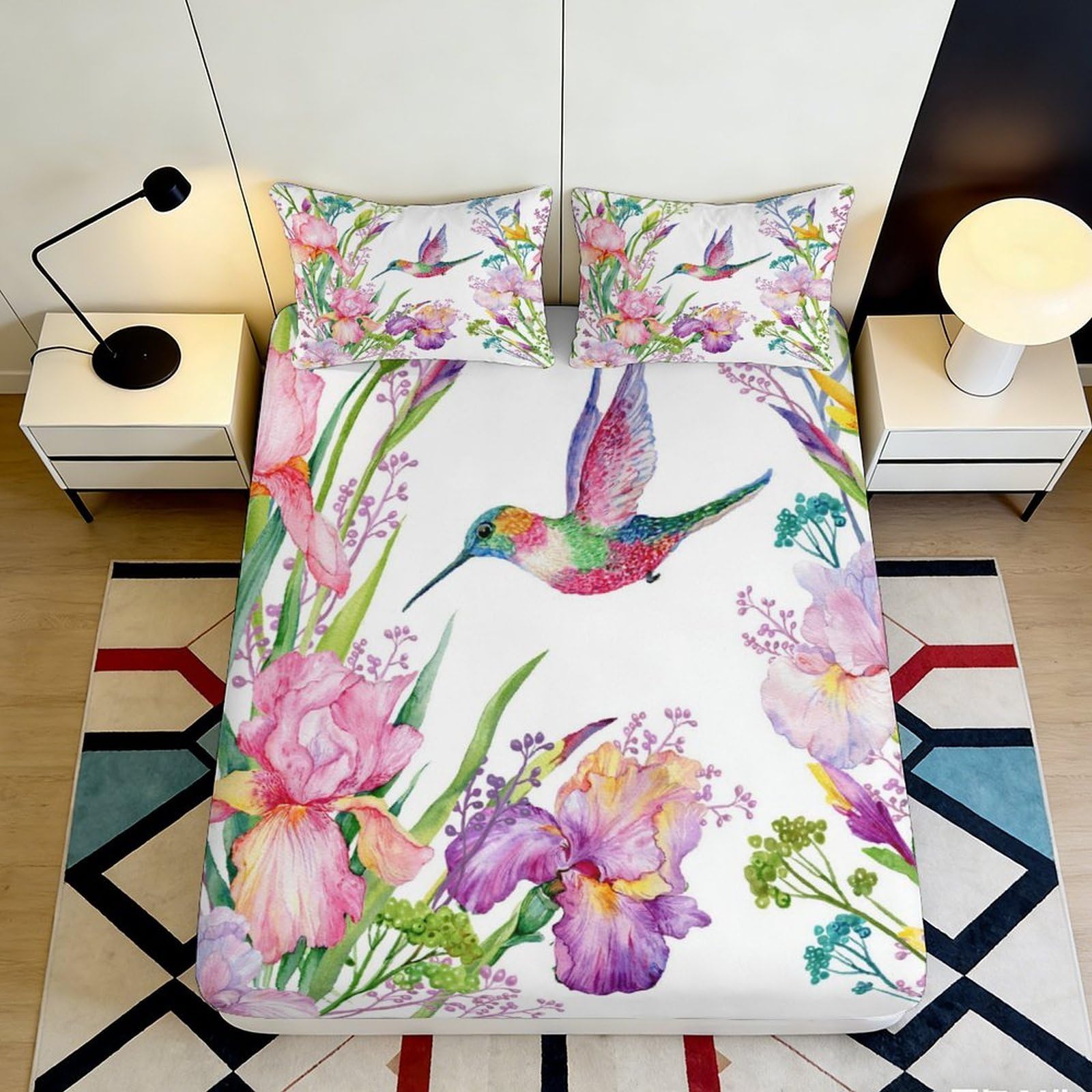 3D Printed Hummingbird Floral Fitted Sheet Microfiber Soft Breathable Iris Flower Bed Sheet for Bedroom Dormitory Guest Room Mattress Protection Decor 200x200x25cm